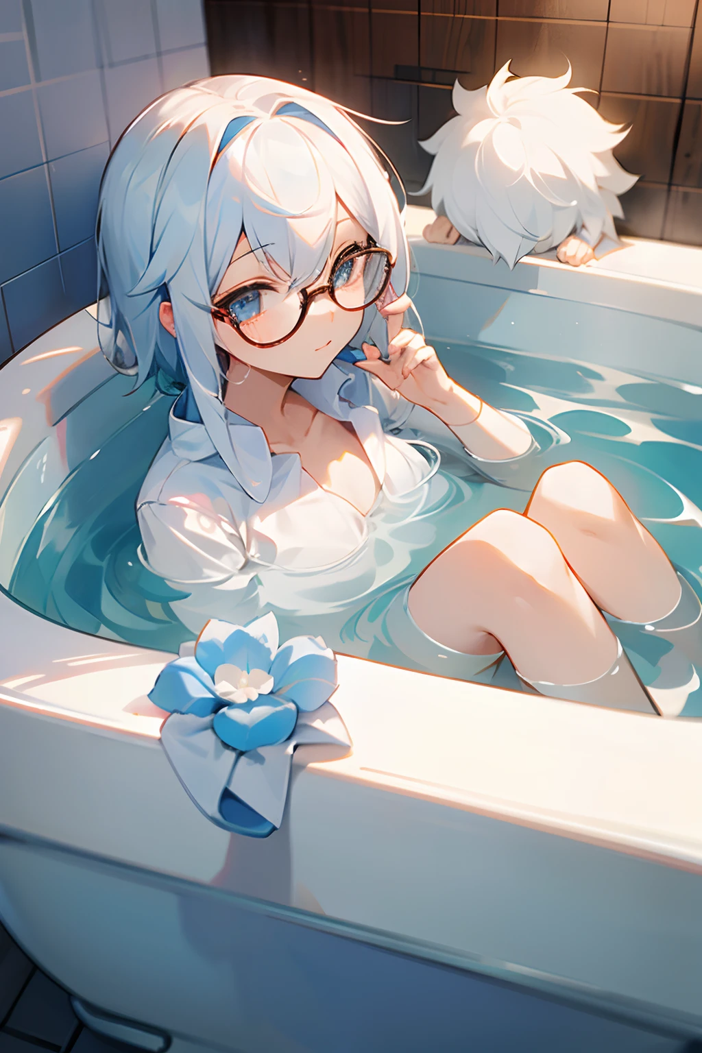 femele、wears glasses、white  hair、bath