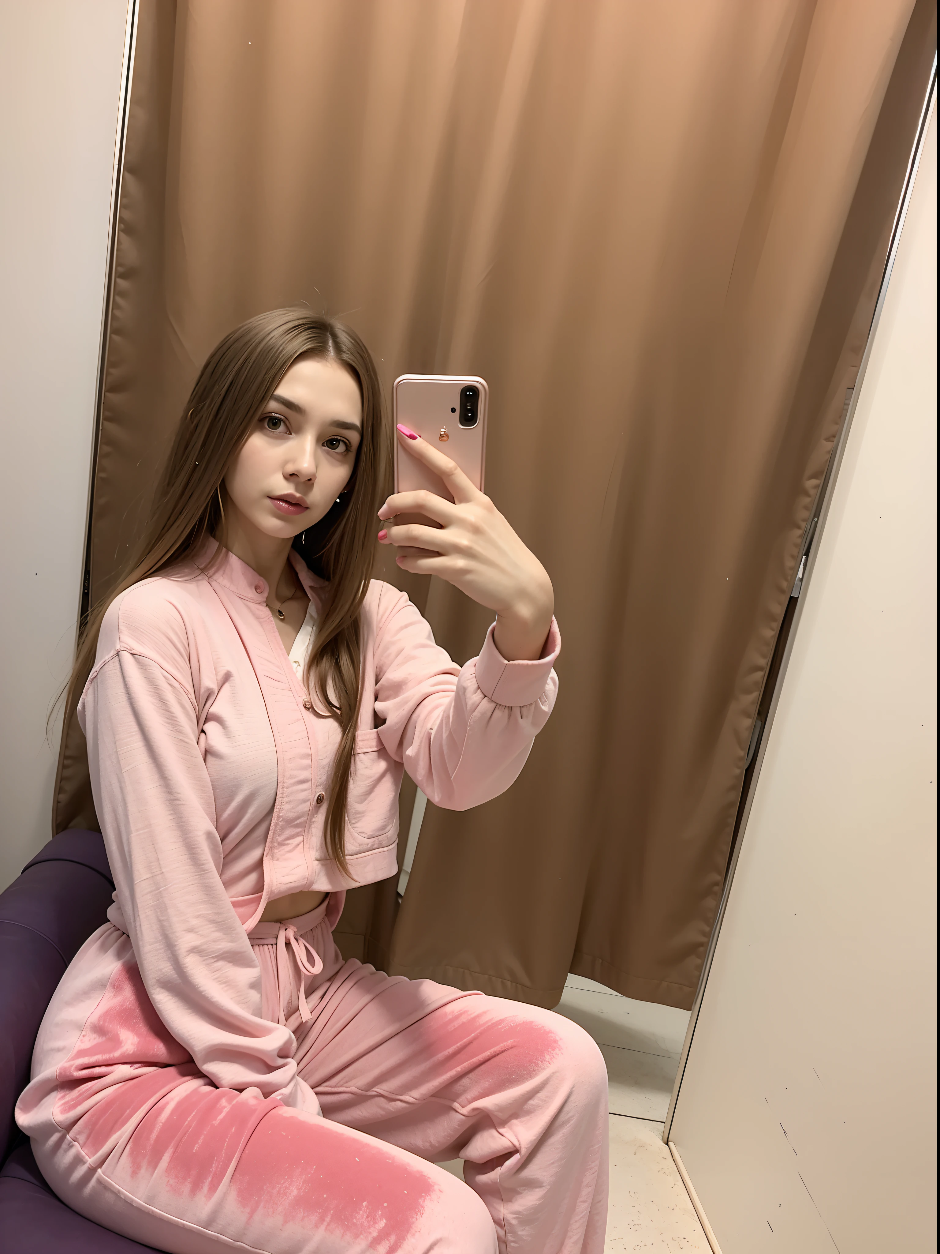 Woman in pink pajamas taking selfie in mirror, The style of Yulia Razumova, ๐ ๐ง ๐ ๐ง, by Emma Andijewska, anna nikonova aka newmilky, ๐๐คก, ๐คฌ ๐คฎ ๐ ๐, in a tracksuit, pink clothes, ekaterina, dasha taran, A little pink, pink girl, beige curtain, beige fabric