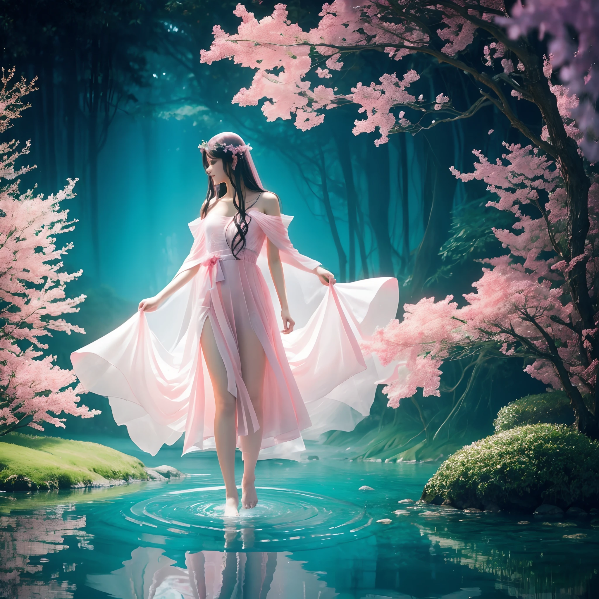A woman in a pink dress is walking through the water, very magical and dreamy, ethereal beauty, magic robe, ethereal fairy tale, ethereal glow, very ethereal, ethereal and dreamy, fantasy gorgeous lighting, extremely beautiful and ethereal, vestido de fantasia, dreamy and ethereal, Flowing dress, Ethereal!!!, soft ethereal lighting, brilhando com magia, a stunning young ethereal figure, Ethereal Fantasy, contraste de cores, Imagem bonita com detalhes ricos, Breathtaking image