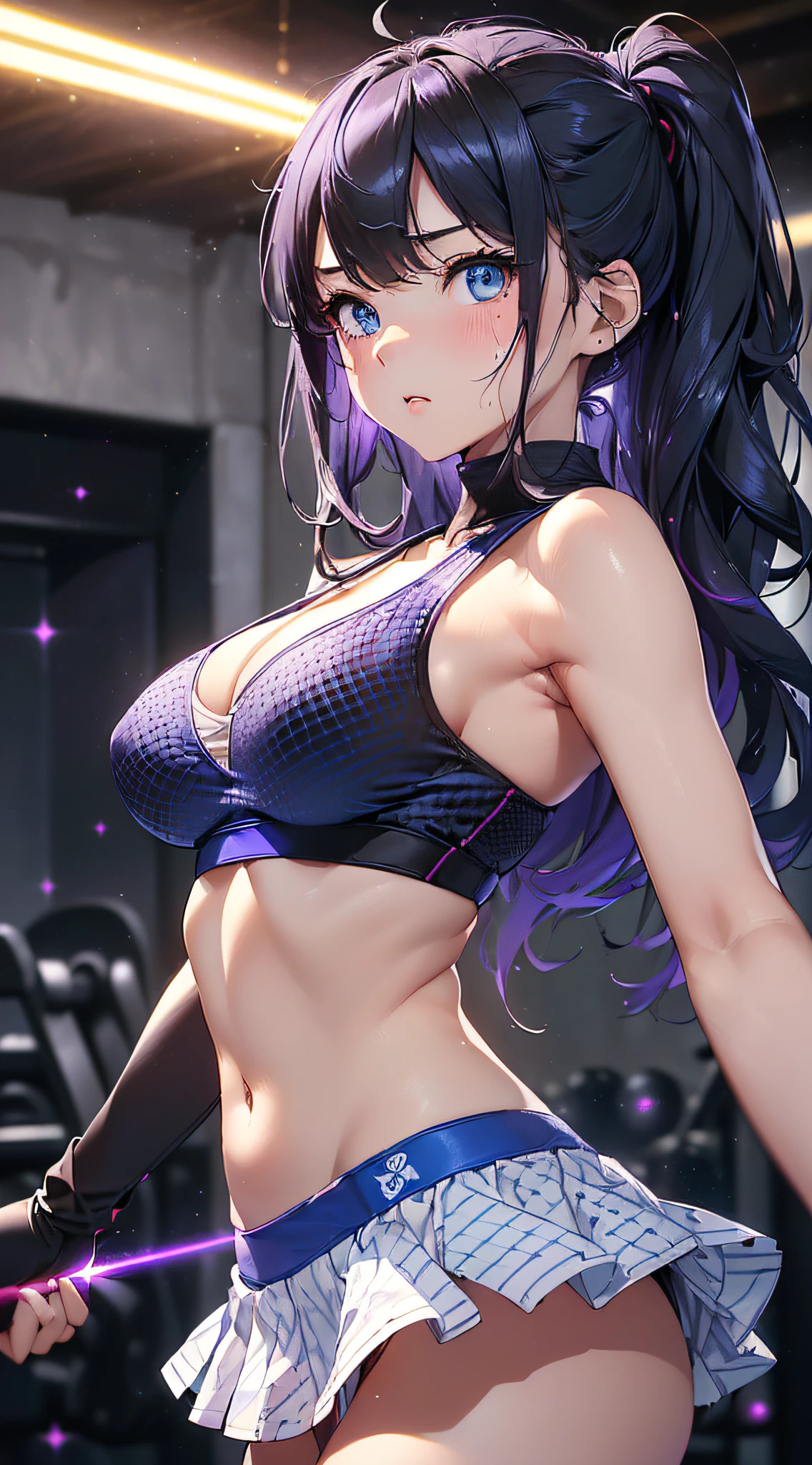 top-quality、Top image quality、masterpiece、girl with((cute little、18year old、Best Bust、Medium bust、Bust 85,Beautiful blue eyes、Breasts wide open,Long Black Hair、A slender、Middle knot、Black Sports Bra、White short skirt,Reflecting the whole body、Black perforated gloves、Y-shaped balance,Sweating、Straight punch,posterior view、emphasis on the buttocks))hiquality、Beautiful Art、Background with((clubhouse、Blue lighting、Purple Laser、Red laser,Yellow laser,fitness club、natta、virtual)),masutepiece、Elaborate design、visualart、depth of fields、The best lighting、highestdetailed、8k,Super delicate