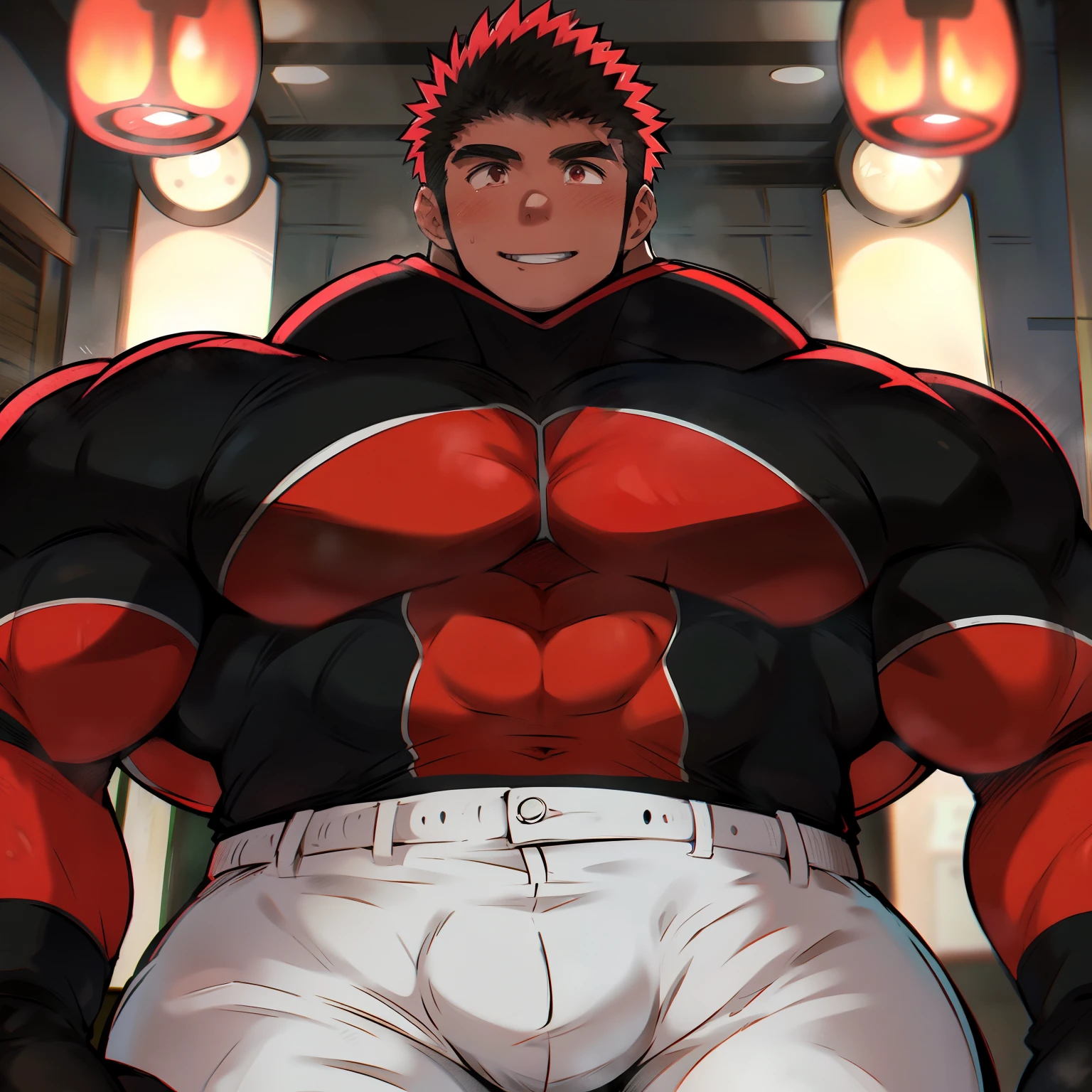 Genera una imagen de estilo anime de un hombre muy guapo con cabello rojo y ojos amarillos con una expresion alegre y despreocupada, tiene un cuerpo musculoso y usa ropa deportiva ajustada en blanco y negro, en el gimnasio, ejercitandose.