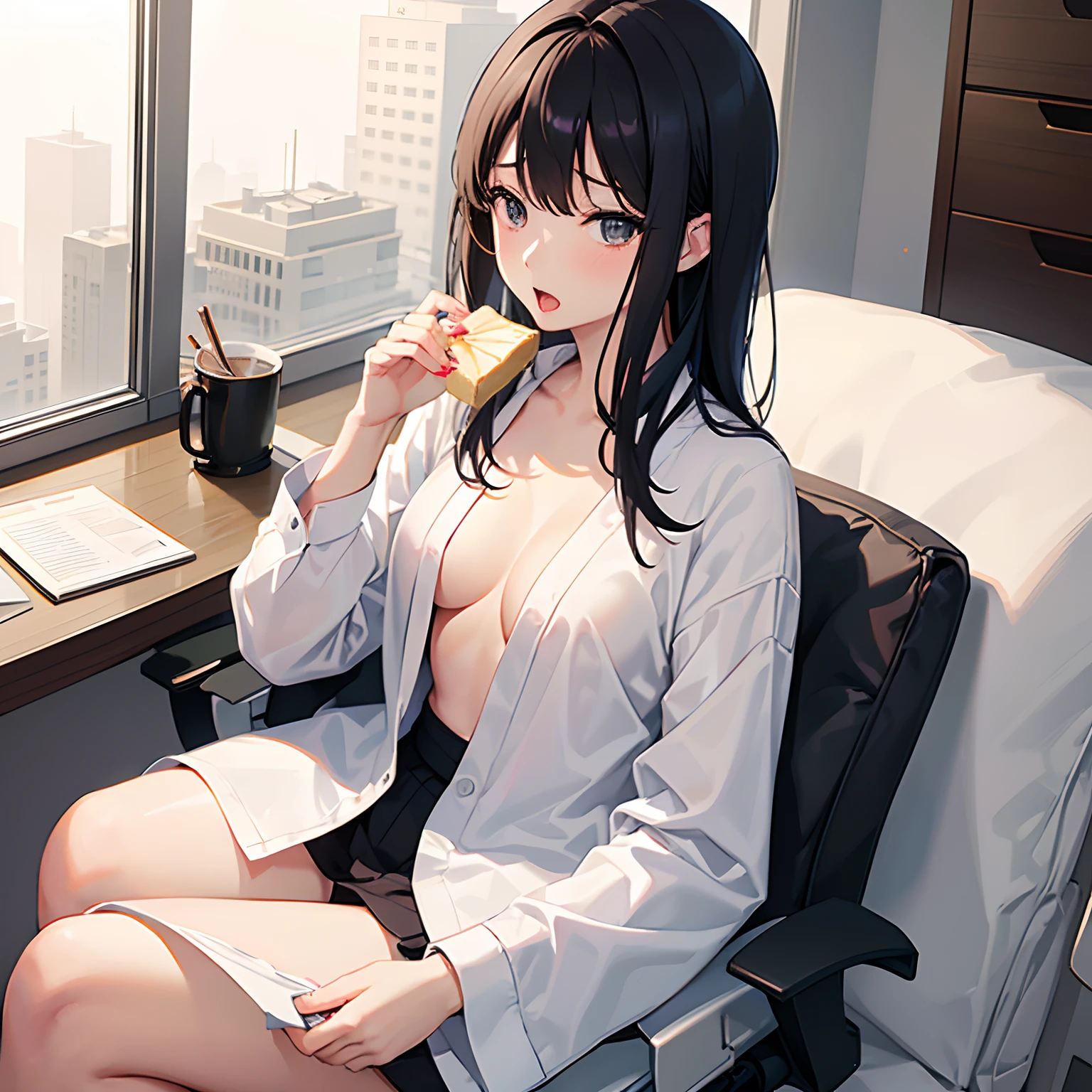 beautiful japanase woman, 30-year-old office worker, sitting on office chair, close eyes, (open mouth:1.5), eating a large marshmawllow held in right hand, black long hair, in the office background, (white unbuttoned blouse), sheer blouse, (small breasts:1.5), (flat chest:1.5),