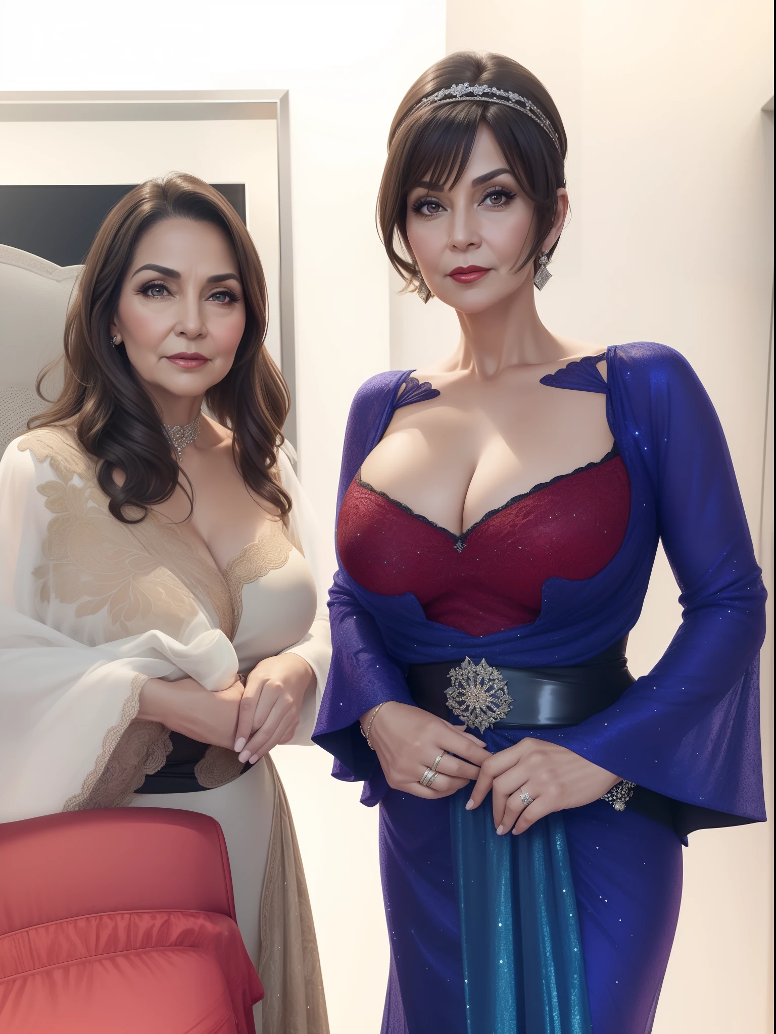 Portrait of a 60-year-old woman with short brown hair, a captivating gaze, Brown eyes, Wrinkles on her face, She wears a very sexy black evening dress that reveals big flabby breasts, Light makeup and red lips. 32K
