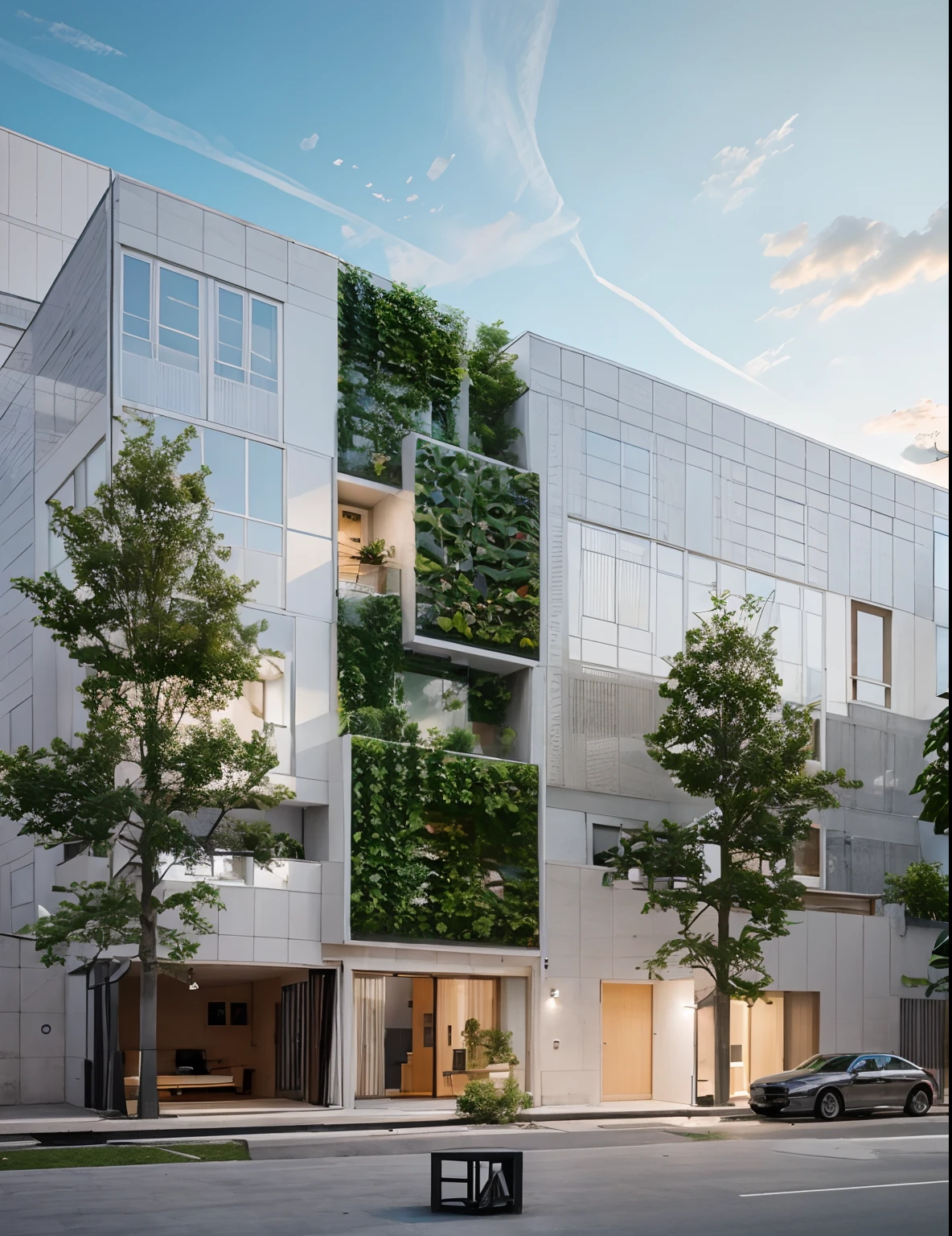 Modern townhouse with glass, On the roof there is a terrace... green streets
