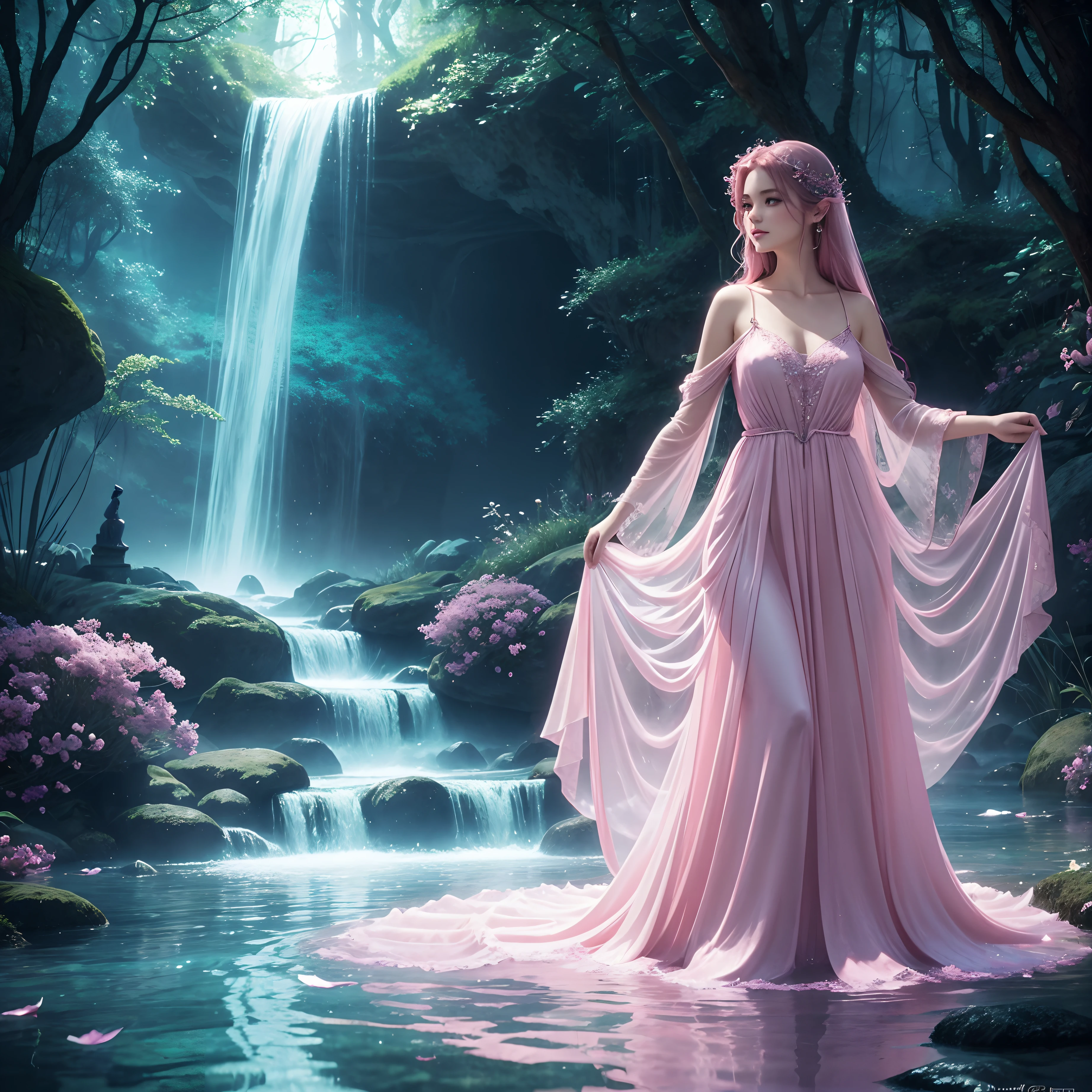 A woman in a pink dress is walking through the water, very magical and dreamy, ethereal beauty, magic robe, ethereal fairy tale, ethereal glow, very ethereal, ethereal and dreamy, fantasy gorgeous lighting, extremely beautiful and ethereal, vestido de fantasia, dreamy and ethereal, Flowing dress, Ethereal!!!, soft ethereal lighting, brilhando com magia, a stunning young ethereal figure, Ethereal Fantasy, contraste de cores, Beautiful image with rich details, Breathtaking image