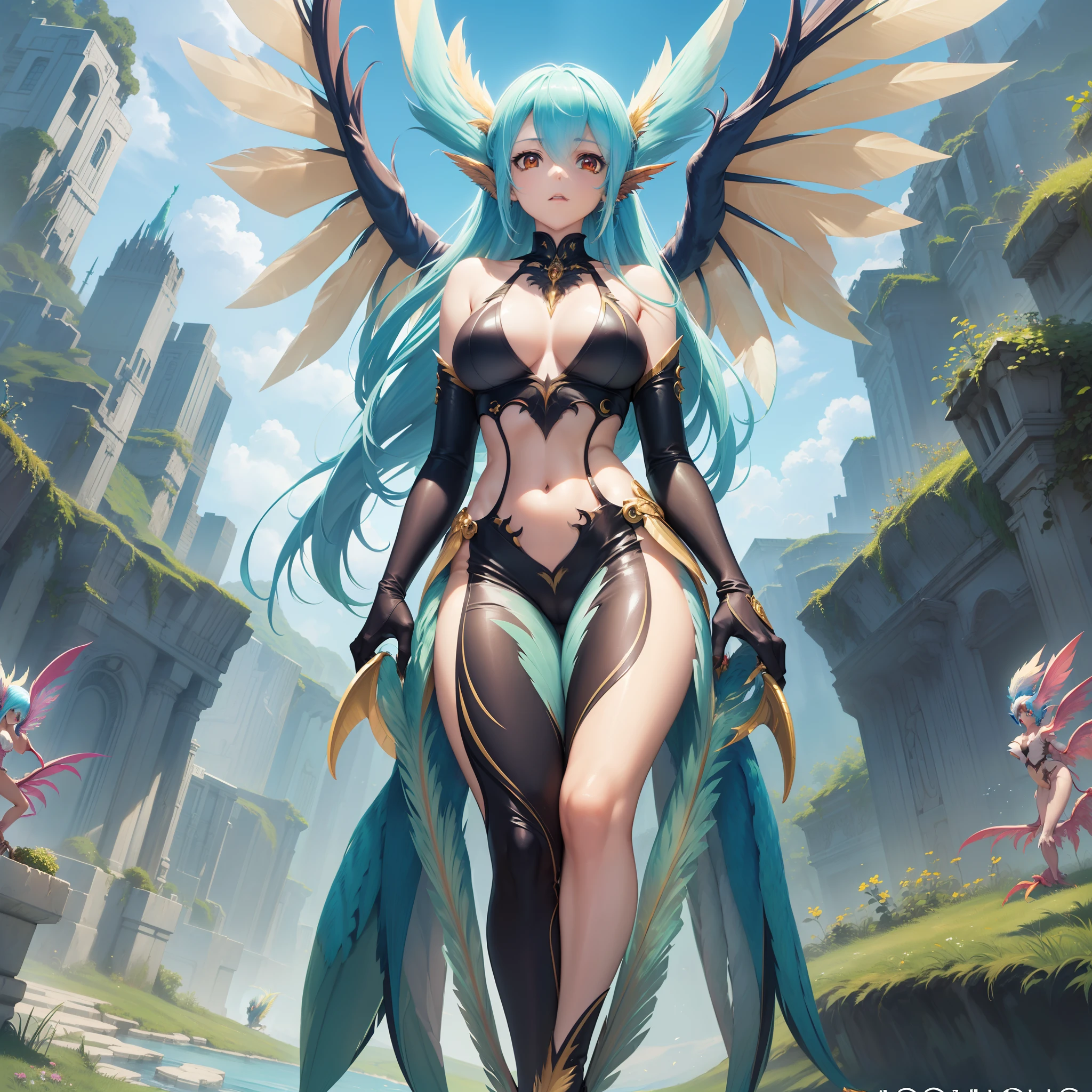 ((Finest quality)),(超A high resolution),(ultra-detailliert),((Best Anime)),sharpnes,Clear,Fantasy art with astounding depictions, ((Female Harpy:1.6)),Harpyia,Flying in the sky