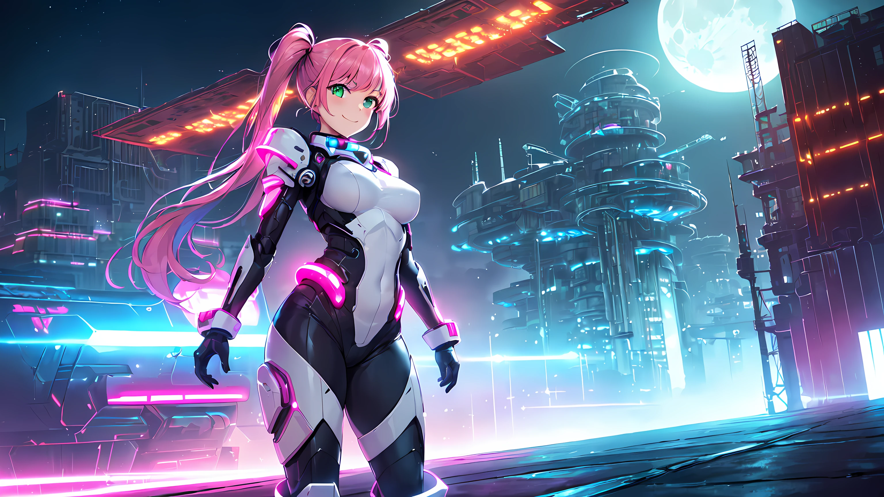 masterpiece, 1girl ((20year old, dressed in purple and pink tight futuristic bodysuit, Mech Armor, boots, medium breasts, multicolor pink hair, twin ponytails, perfect model body, green eyes:1.4, flirting, happy, big smile, looking forward, standing in front of a futuristic military building:1.1, sci-fi moon base in the background at night:1.1, neon and energetic atmosphere:1.2)) ((nighttime)) ((solo:1.6))