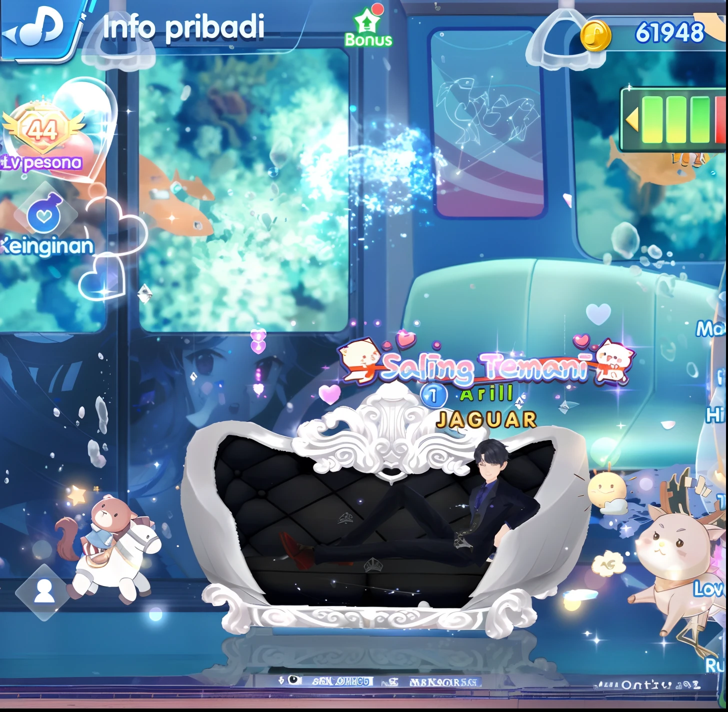 a close up of a couch in a room with a lot of cats, in-game, in - game, gameplay screenshot with ui, in game screenshot, in game, ballroom background, mobile game, screenshot from game, gameplay, hololive, idolmaster, ingame image, screenshot from the game, ingame, from the azur lane videogame, gameplay still