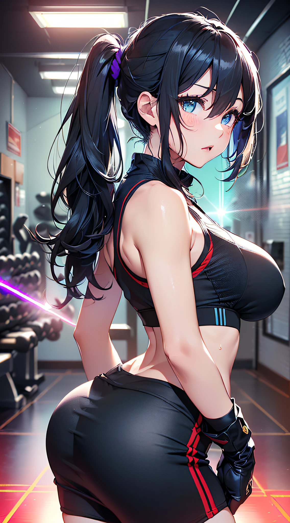 top-quality、Top image quality、masterpiece、girl with((cute little、18year old、Best Bust、Medium bust、Bust 85,Beautiful blue eyes、Breasts wide open,Long Black Hair、A slender、Middle knot、Black Sports Bra、White short skirt,Reflecting the whole body、Black perforated gloves、Y-Shaped Balance Pose,Sweating、Straight punch,posterior view、emphasis on the buttocks))hiquality、Beautiful Art、Background with((clubhouse、Blue lighting、Purple Laser、Red laser,Yellow laser,fitness club、natta、virtual)),masutepiece、Elaborate design、visualart、depth of fields、The best lighting、highestdetailed、8k,Super delicate