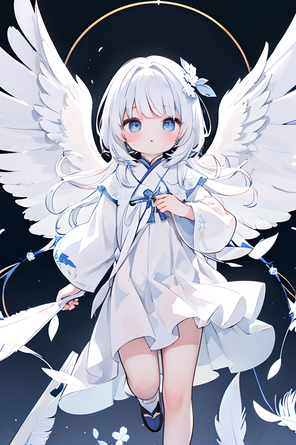 (独奏、angelicales、8K、Masterpiece、)Background Simple、Circle of Angels、White dress、Light blue eyes、White hair、White feathers