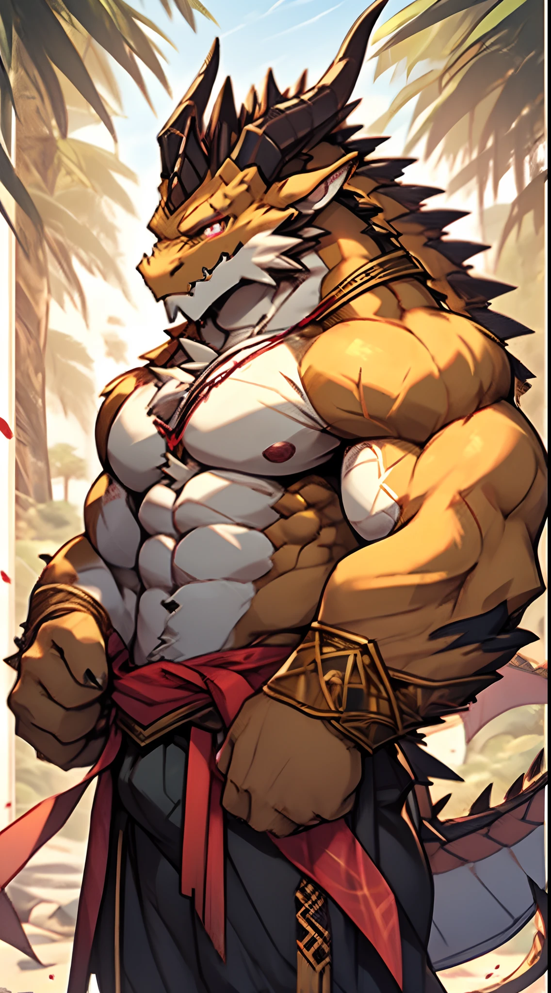 Golden-colored golden dragon orcs,The dragon's horn is light blue,The eyes are blood-red,Men with abs