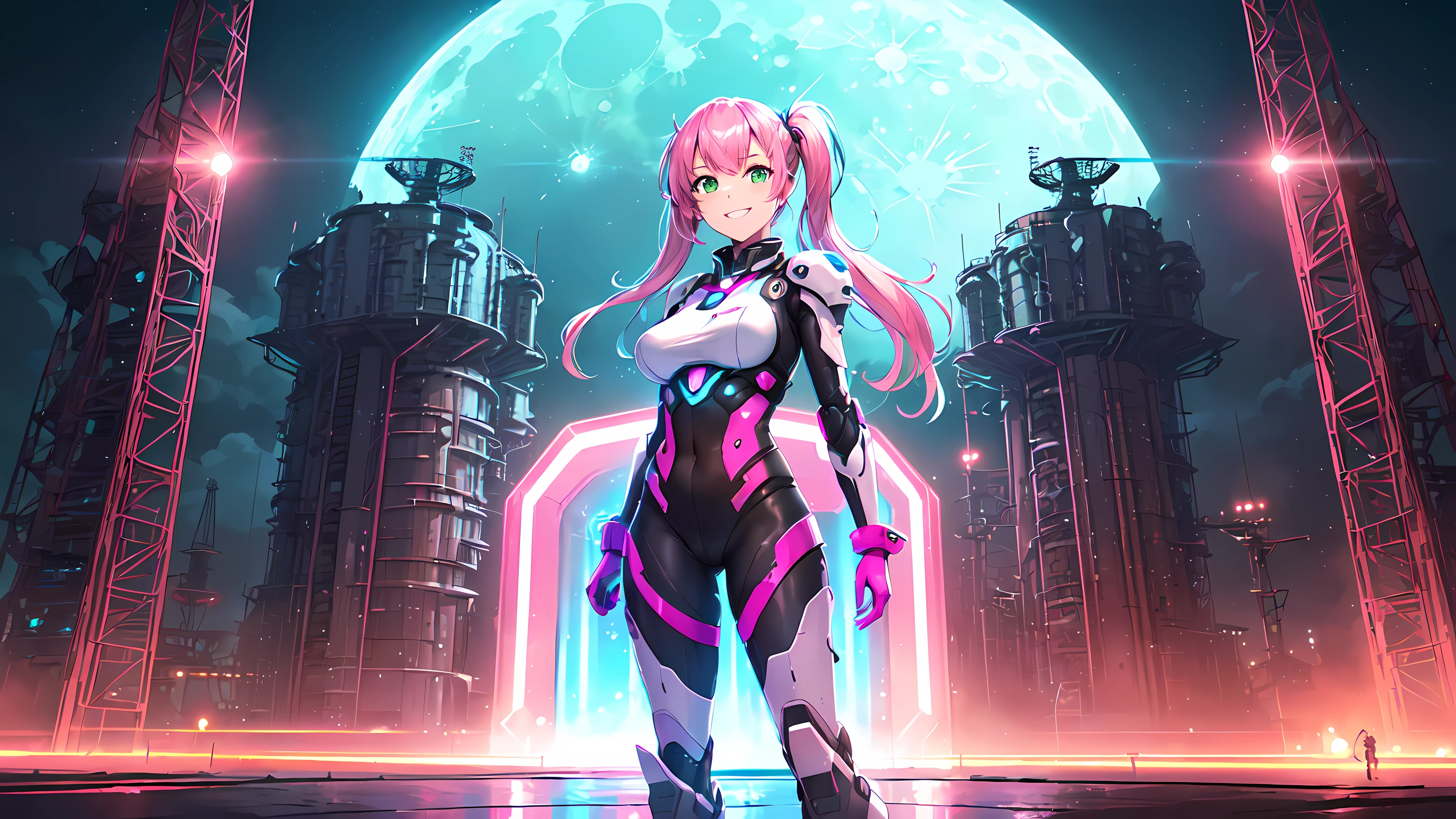 ​masterpiece, 1girl ((20year old, dressed in purple and pink tight futuristic bodysuit, Mech Armor, boots, medium breasts, multicolor pink hair, twin ponytails, perfect model body, green eyes:1.4, flirting, happy, big smile, standing in front of a futuristic military building:1.1, sci-fi moon base in the background at night:1.1, neon and energetic atmosphere:1.2)) ((nighttime)) ((solo:1.6))