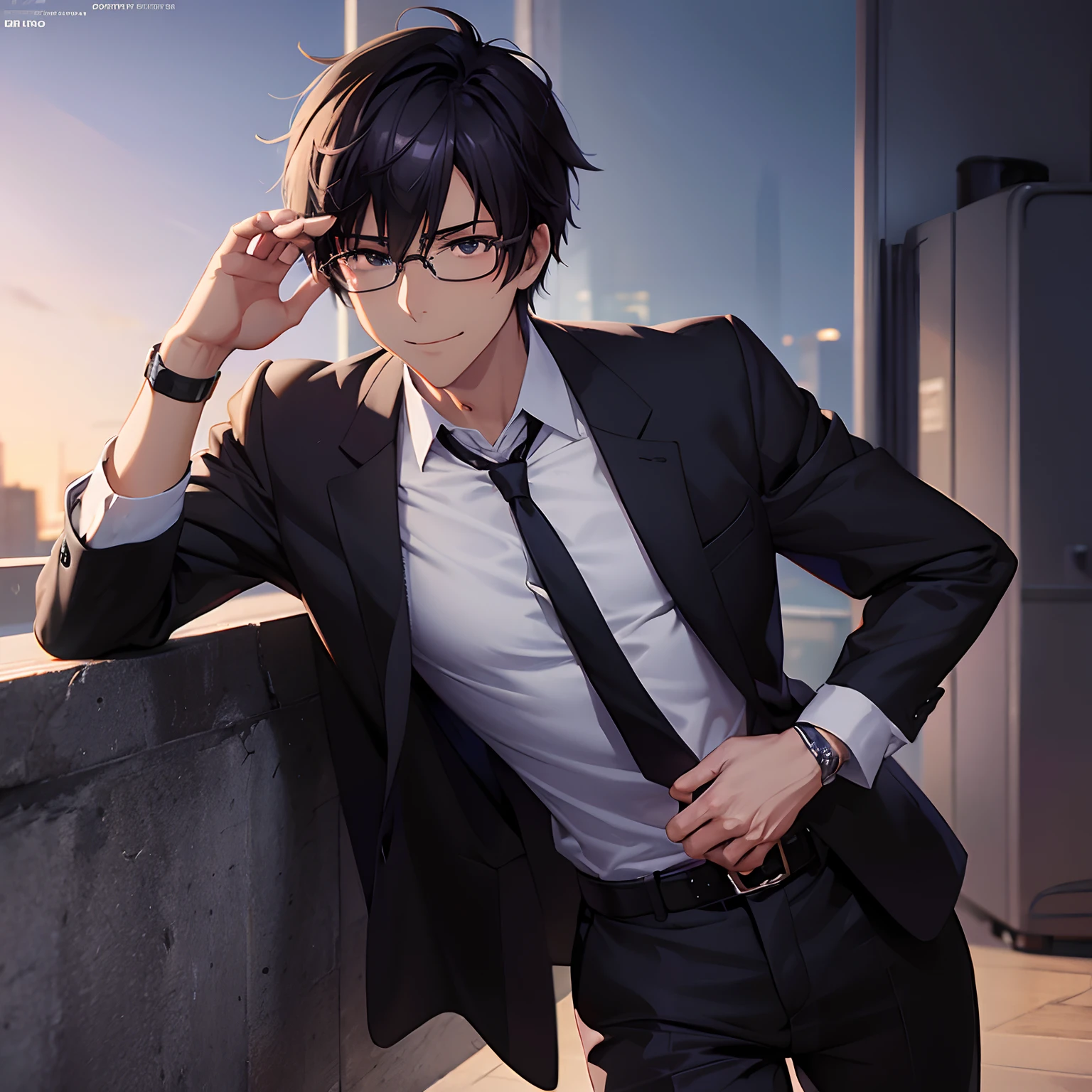 1 male,, 24 year old, masculine, Messy purple hair, Attractive, Black rectangular glasses, Black Detective Suit, Black tie, White shirt, Black belt, Black pants, long big eyes of green color,,, Smirk, Mischievous, gloves, Trending on ArtStation, 8K resolution, Highly detailed, Anatomically correct, Sharp Image, Digital Painting, Concept art, trending on pixiv, style of makoto shinkai