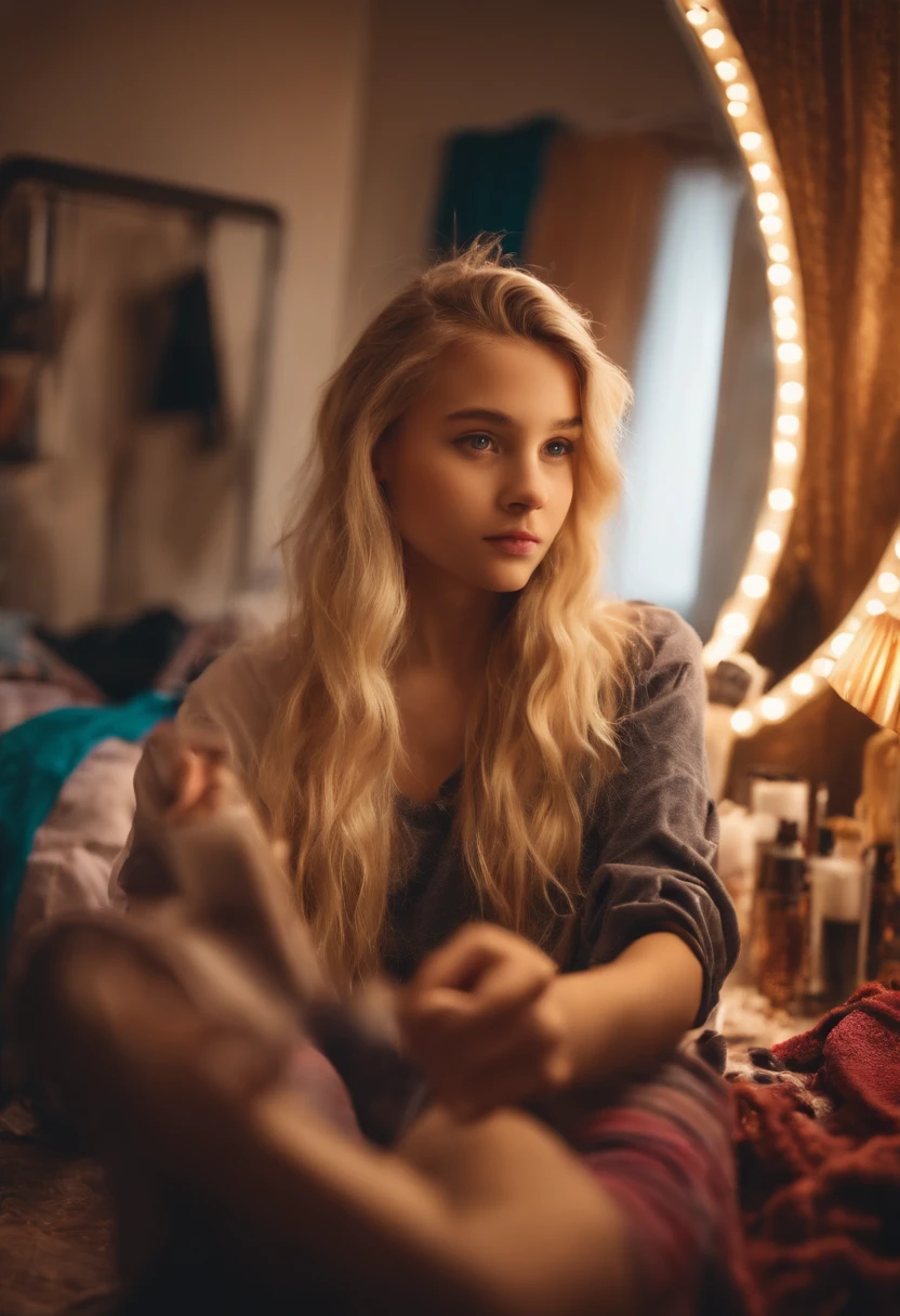 13 years old blonde girl taking selfie front of a mirror in messy room