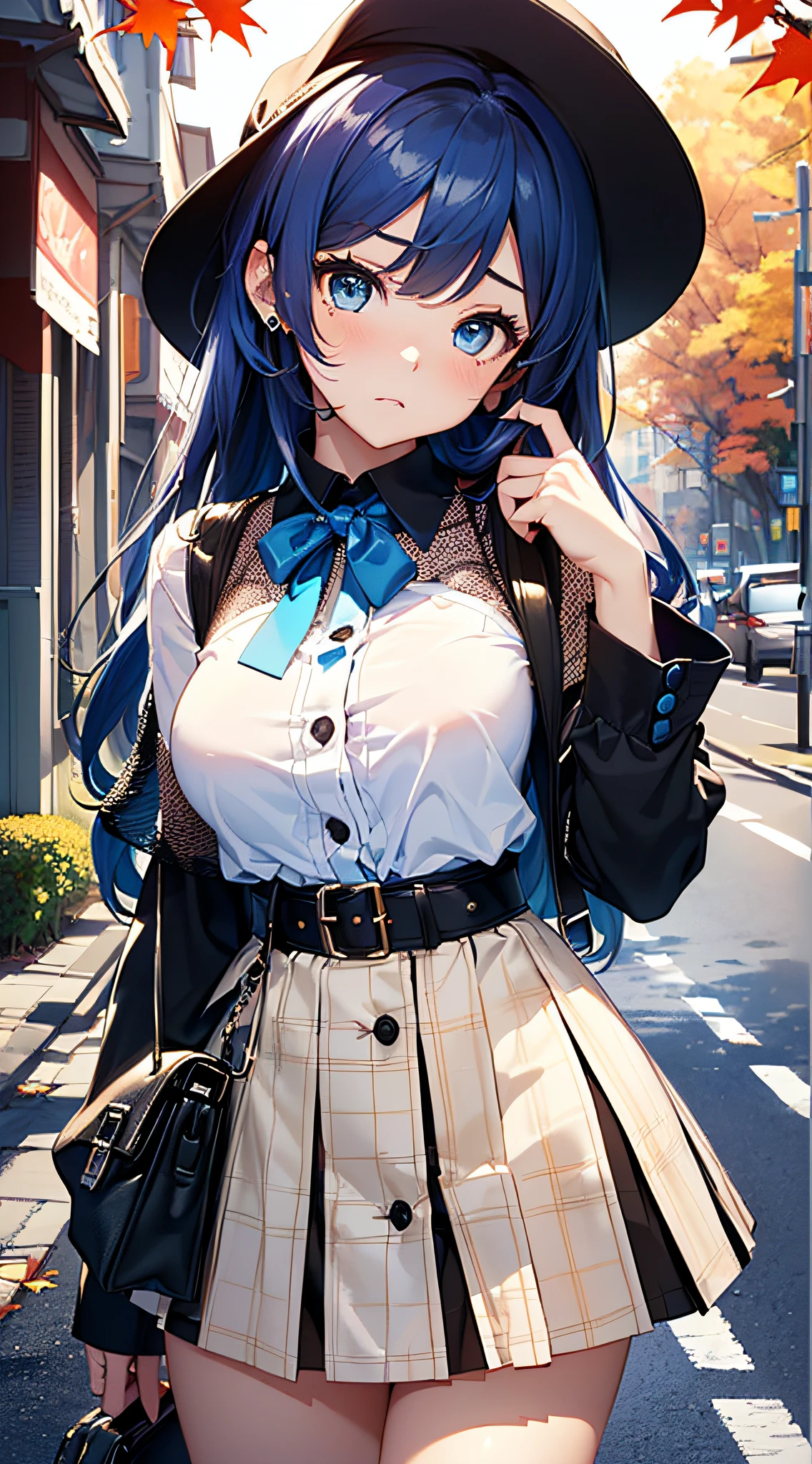 top-quality、Top image quality、​masterpiece、girl with((cute little、sixteen years old、Best Bust、Medium bust、Bust 85,Beautiful blue eyes、Breasts wide open,Long Black Hair、A slender、Blue hair mesh、Y-shirt with white collar open to second button、Blue short skirt,satchel,embarassed face、run、Reflecting the whole body、Black underwear、Panchira)）hiquality、Beautiful Art、Background with((blue-sky、Road of autumn leaves)),masutepiece、Elaborate design、visualart、depth of fields、The best lighting、highestdetailed、8ｋ