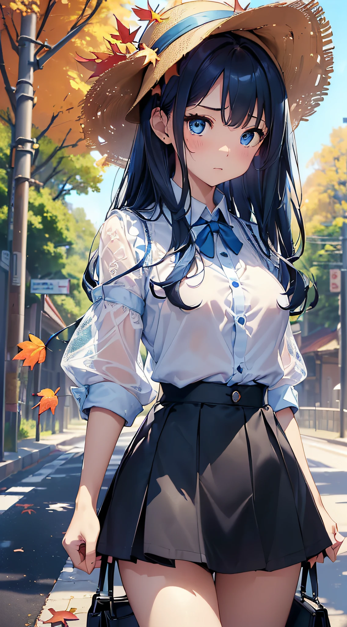 top-quality、Top image quality、masterpiece、girl with((cute little、sixteen years old、Best Bust、Medium bust、Bust 85,Beautiful blue eyes、Breasts wide open,Long Black Hair、A slender、Blue hair mesh、Y-shirt with white collar open to second button、Blue short skirt,satchel,embarassed face、run、Reflecting the whole body、Black underwear、Panchira))hiquality、Beautiful Art、Background with((blue-sky、Road of autumn leaves)),masutepiece、Elaborate design、visualart、depth of fields、The best lighting、highestdetailed、8k