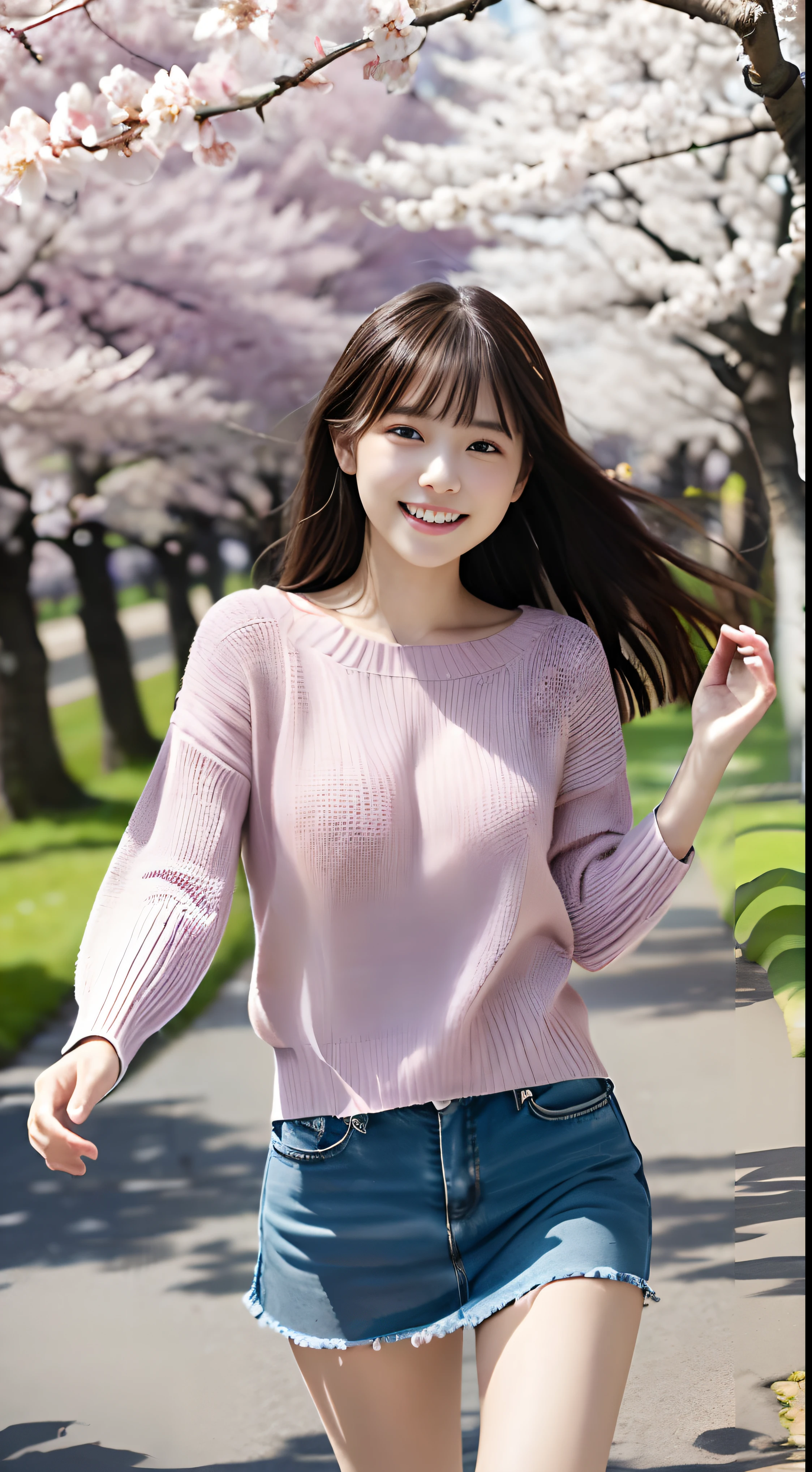 (Close-up of two girl have slender small breasts and long hair with dull bangs in spring colorful sweater and shirt :1.5)、(Two girl dancing happily looking at this、the hair flutters with the wind :1.5)、(Rows of cherry blossom trees in full bloom and cherry blossom petals dancing in the wind:1.5)、(Perfect Anatomy:1.3)、(No mask:1.3)、(complete fingers:1.3)、Photorealistic、Photography、masutepiece、top-quality、High resolution, delicate and pretty、face perfect、Beautiful detailed eyes、Fair skin、Real Human Skin、pores、((thin legs))、(Dark hair)