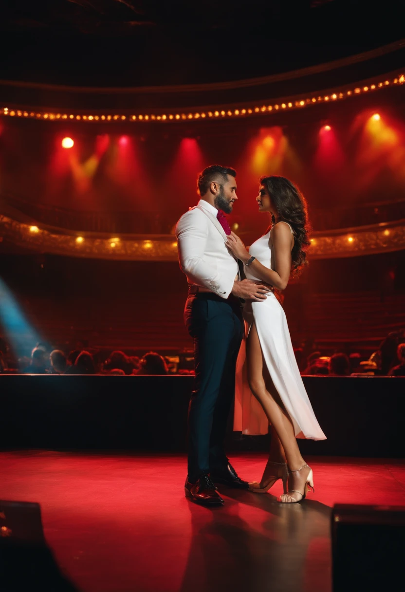 Woman in white miniskirt standing on stage with man in suit