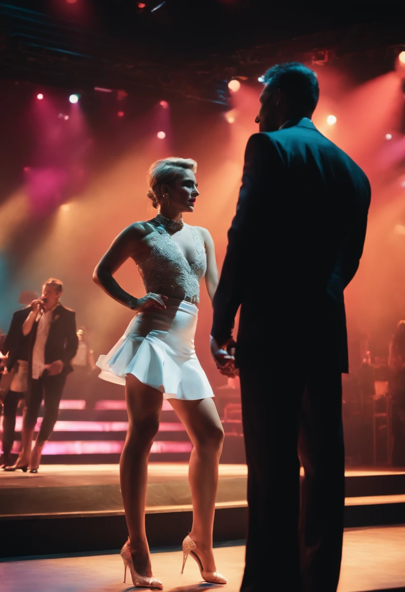 Woman in white miniskirt standing on stage with man in suit