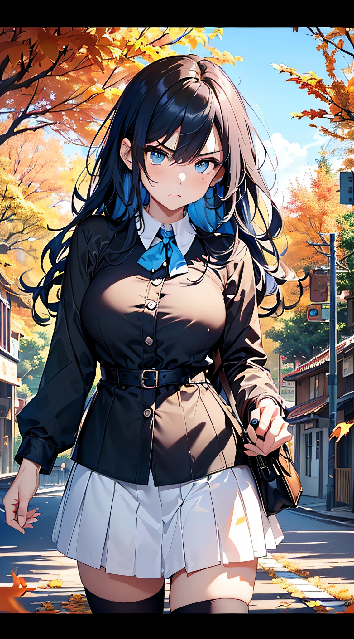 top-quality、Top image quality、masterpiece、girl with((cute little、sixteen years old、Best Bust、Medium bust、Bust 85,Beautiful blue eyes、Breasts wide open,Long Black Hair、A slender、Blue hair mesh、Y-shirt with white collar open to second button、Blue short skirt,satchel,angry looking face、run、Reflecting the whole body、Black underwear、Panchira))hiquality、Beautiful Art、Background with((blue-sky、Road of autumn leaves)),masutepiece、Elaborate design、visualart、depth of fields、The best lighting、highestdetailed、8k