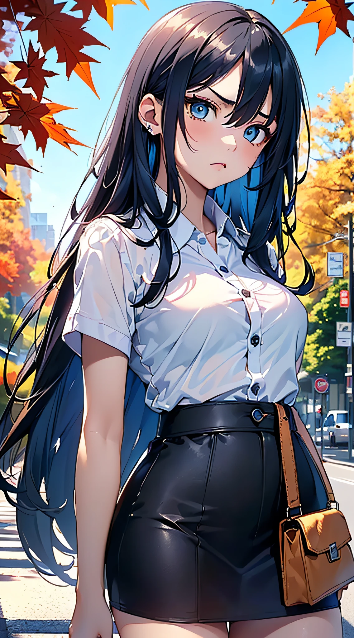 top-quality、Top image quality、​masterpiece、girl with((cute little、sixteen years old、Best Bust、Medium bust、Bust 85,Beautiful blue eyes、Breasts wide open,Long Black Hair、A slender、Blue hair mesh、Y-shirt with white collar open to second button、Blue short skirt,satchel,angry looking face、run、Reflecting the whole body、Black underwear、Panchira)）hiquality、Beautiful Art、Background with((blue-sky、Road of autumn leaves)),masutepiece、Elaborate design、visualart、depth of fields、The best lighting、highestdetailed、8ｋ