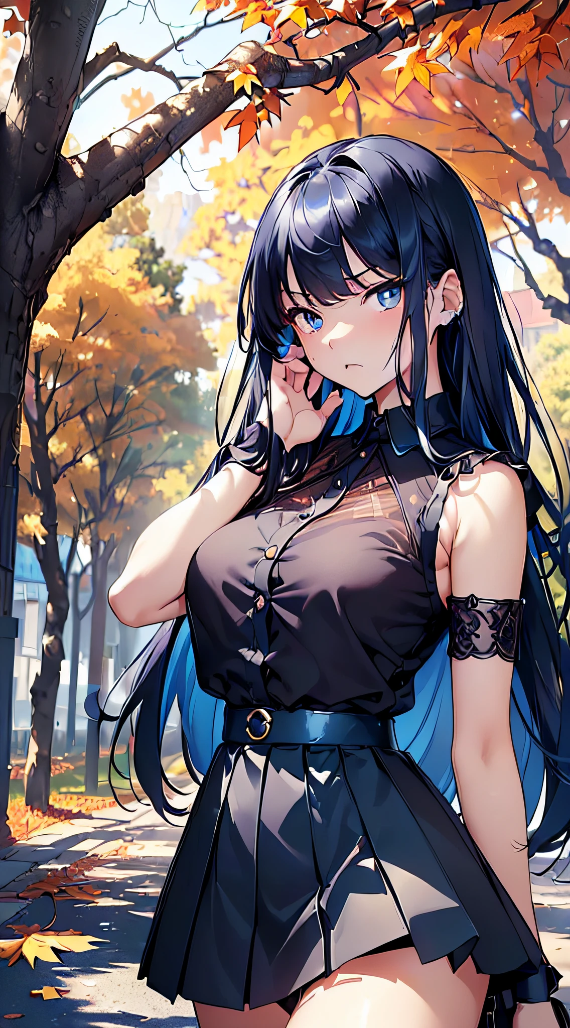 top-quality、Top image quality、​masterpiece、girl with((cute little、sixteen years old、Best Bust、Medium bust、Bust 85,Beautiful blue eyes、Breasts wide open,Long Black Hair、A slender、Blue hair mesh、Y-shirt with white collar open to second button、Blue short skirt,satchel,angry looking face、run、Reflecting the whole body、Black underwear、Panchira)）hiquality、Beautiful Art、Background with((blue-sky、Road of autumn leaves)),masutepiece、Elaborate design、visualart、depth of fields、The best lighting、highestdetailed、8ｋ