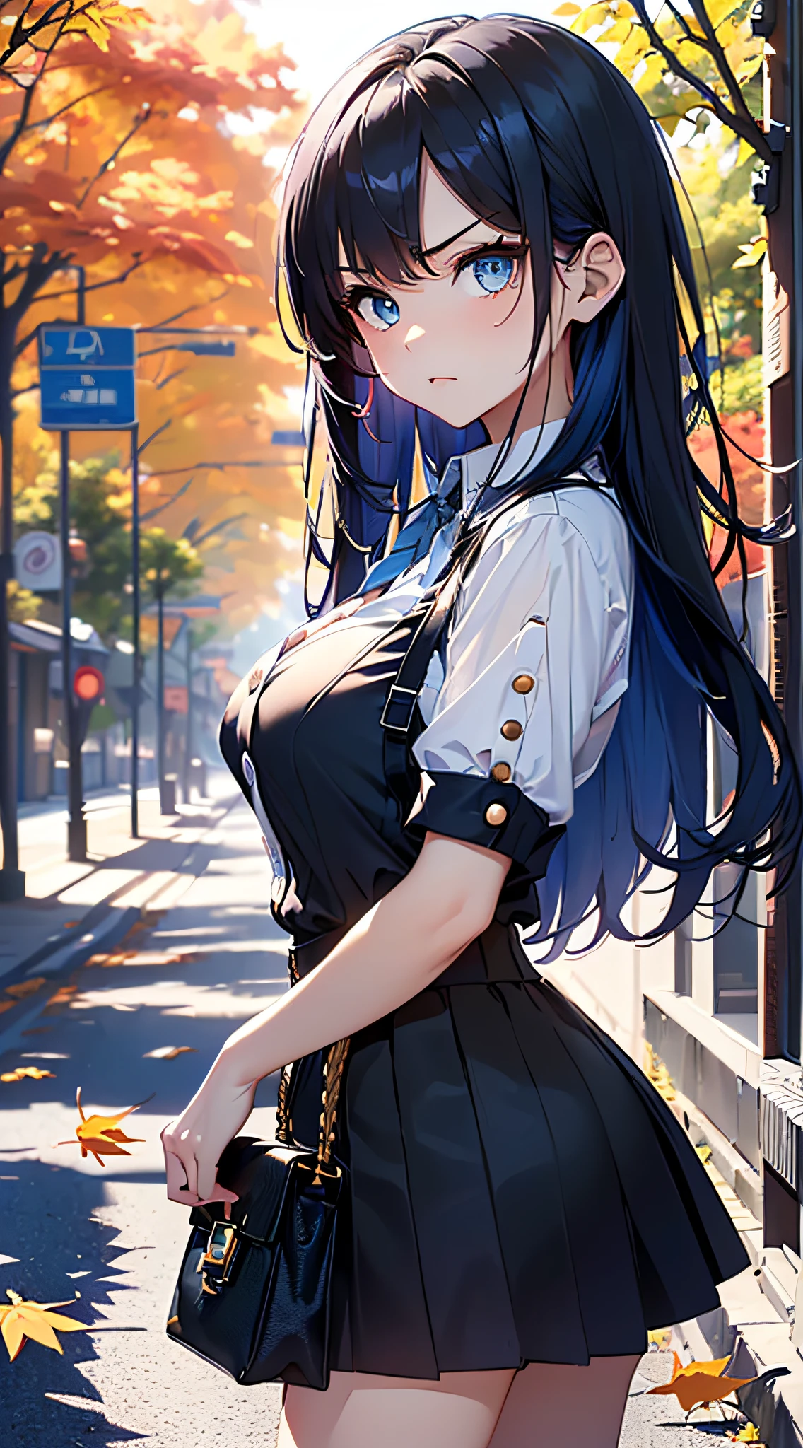 top-quality、Top image quality、​masterpiece、girl with((cute little、、Best Bust、Medium bust、Bust 85,Beautiful blue eyes、Breasts wide open,Long Black Hair、A slender、Blue hair mesh、Y-shirt with white collar open to second button、Blue short skirt,satchel,angry looking face、run、Reflecting the whole body、Black underwear、Panchira)）hiquality、Beautiful Art、Background with((blue-sky、Road of autumn leaves)),masutepiece、Elaborate design、visualart、depth of fields、The best lighting、highestdetailed、8ｋ