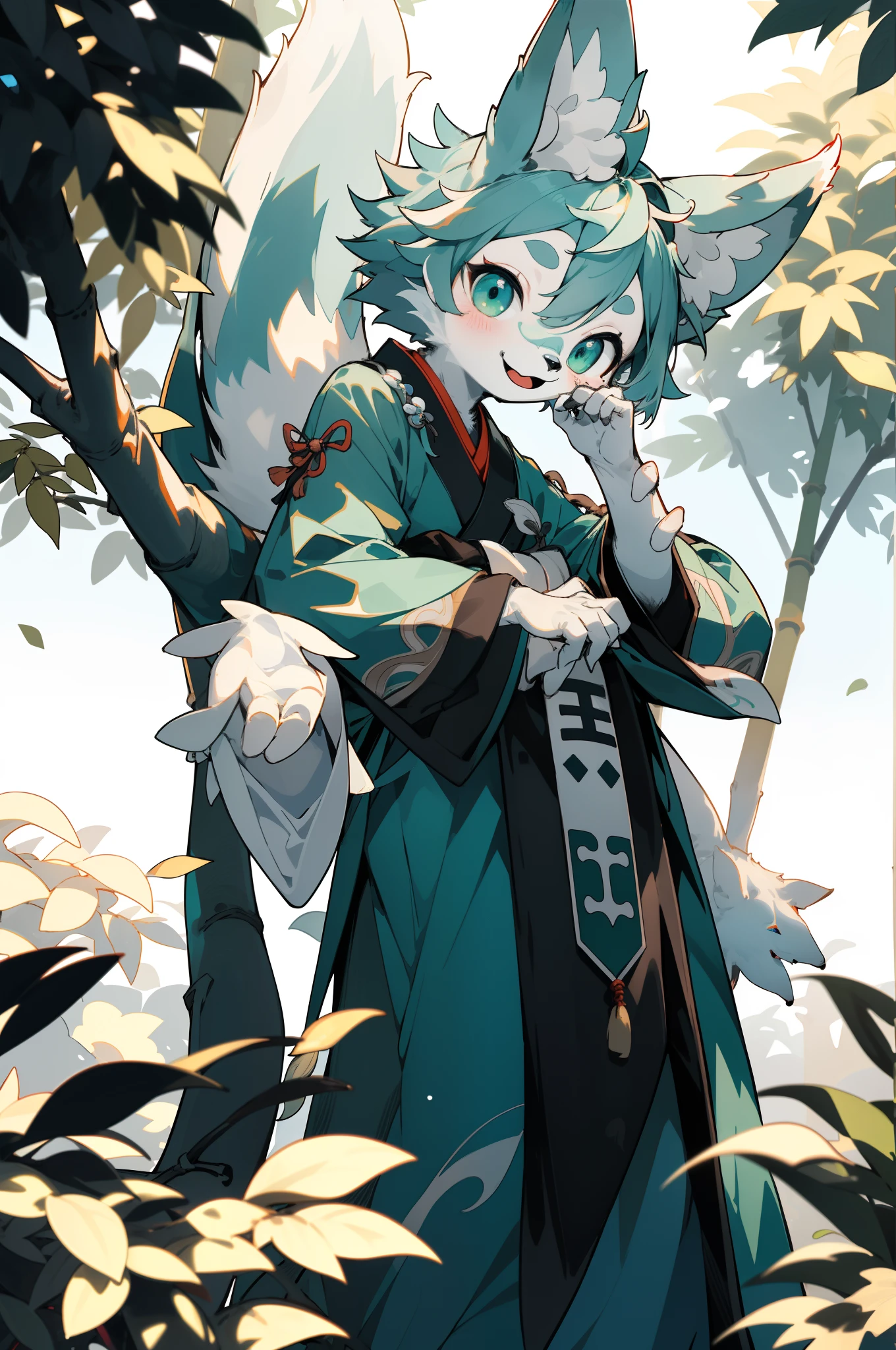 depth of fields,lighting perfect,light particules,(best qualtiy),(tmasterpiece),(ultra - detailed),Sharp focus,light particules,niji,Eyes,Blushlush,The white_whair,There are blue-green ones_dotting_whair,Blue-green gradient_Eyes,Looking_at_peeping at the viewer,Smile,Solo,Furry,Animal_Ear_vellus hair,Open_clothes,Arms back,The upper part of the body,coda,Hanfu,Chinese style clothes,rays of sunshine,The tree,with her mouth open,from below,Arms back,Fox's_large tail_vellus hair,Put your hands behind you,The tail hangs down on the ground,bright_bamboo forrest