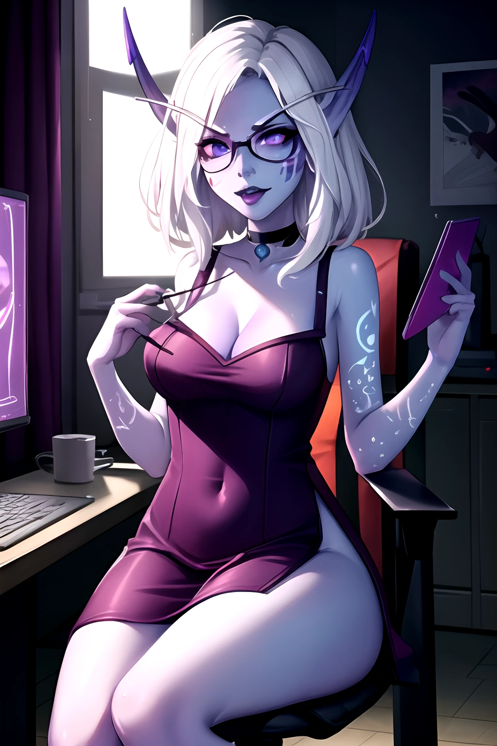 1girl, female, young, shenightborne, purple skin, tattoo, facepaint, short white hair, evil, mean, sadistic, glasses, black choker, nsfw, revealing dress, sitting, computer chair, volumetric lighting, best quality, masterpiece