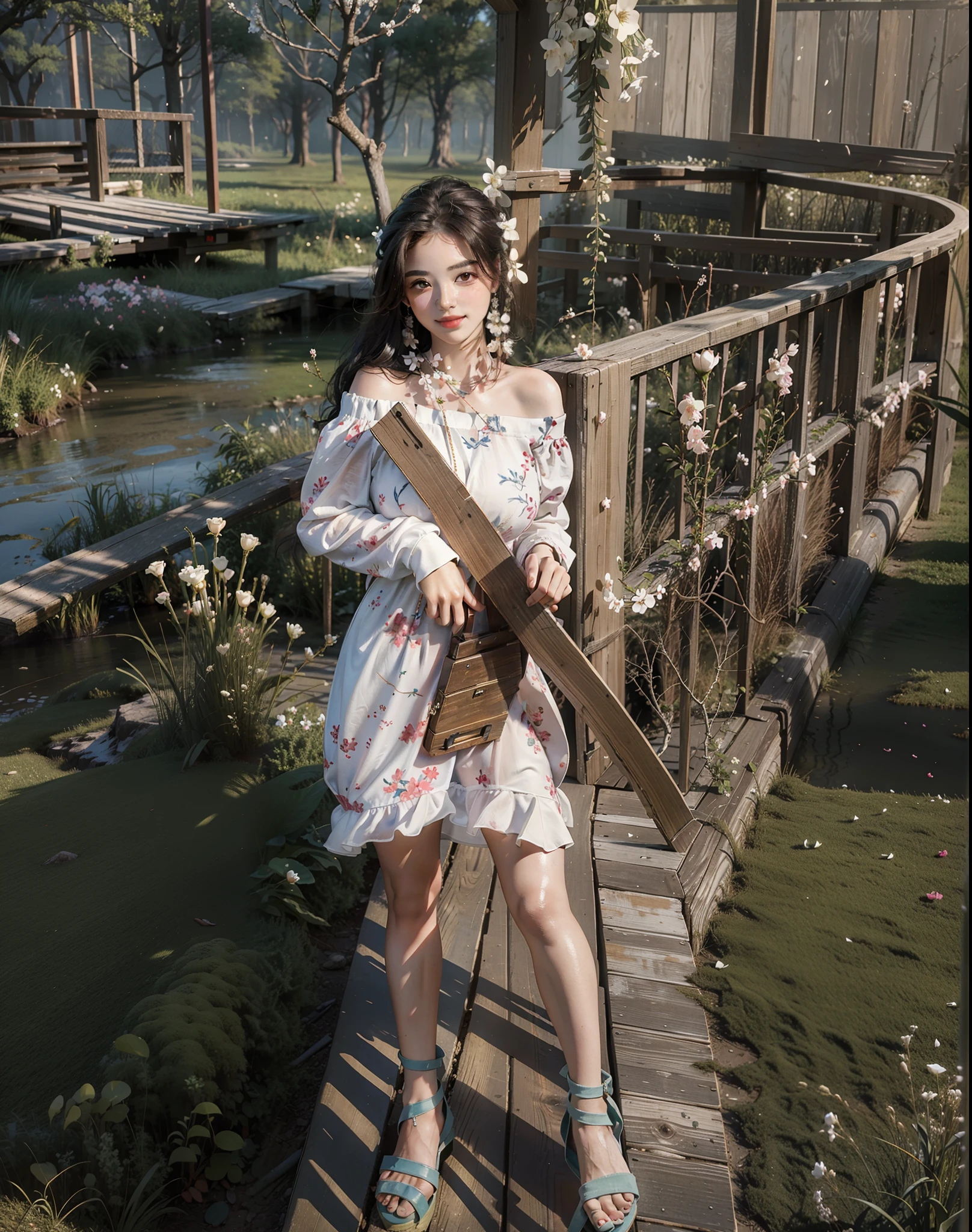 Best quality, masterpiece, ultra high res, (photorealistic:1.4), raw photo, 1girl, white dress, off shoulder, blossom flower field, glowing skin, light smile
