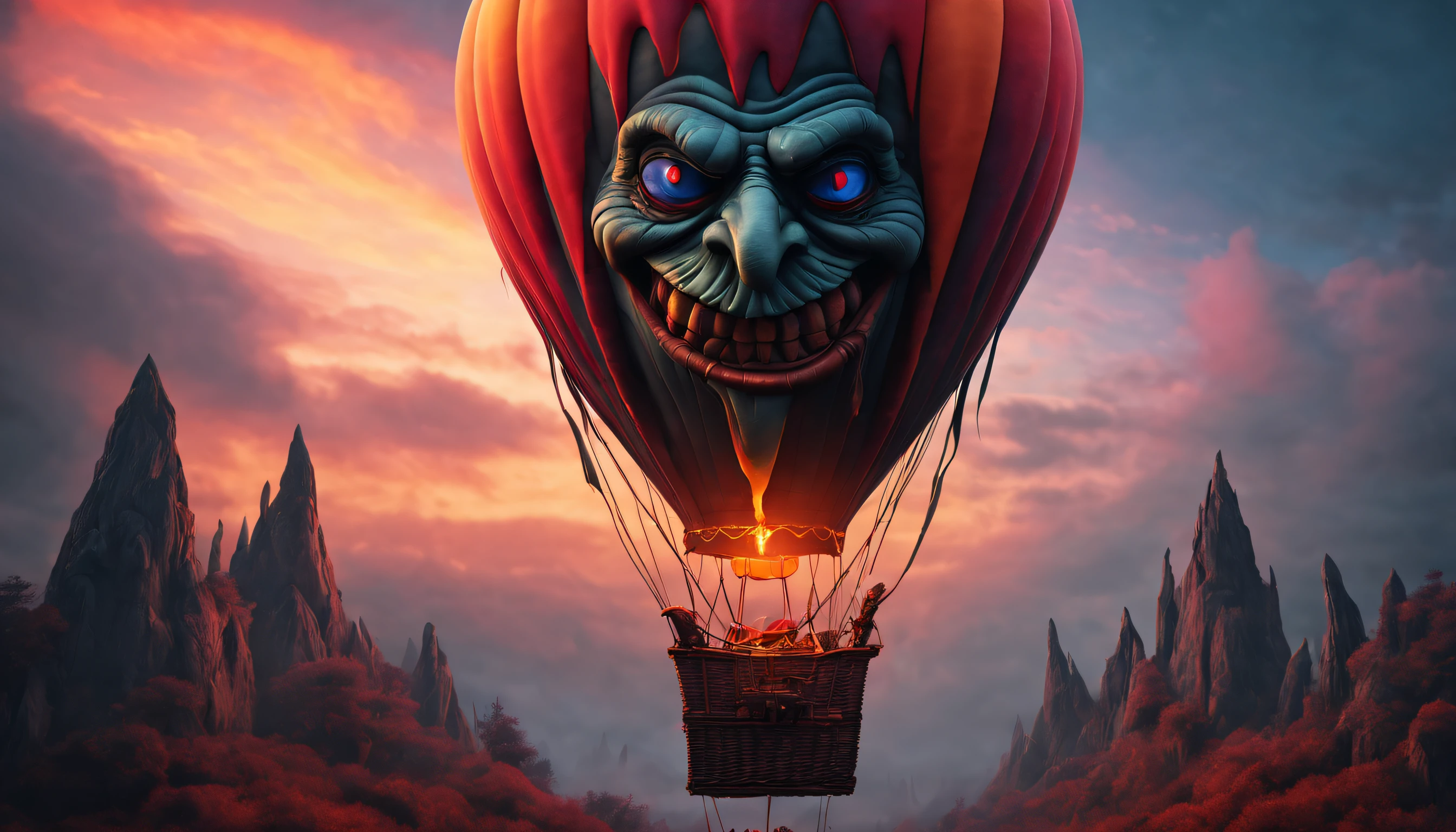 (masterpiece), best quality, create an epic artwork of bloody ghostly hot air balloon in the form of org Troll, colorful, volumetric lighting, dark art, highres, high details, 16k