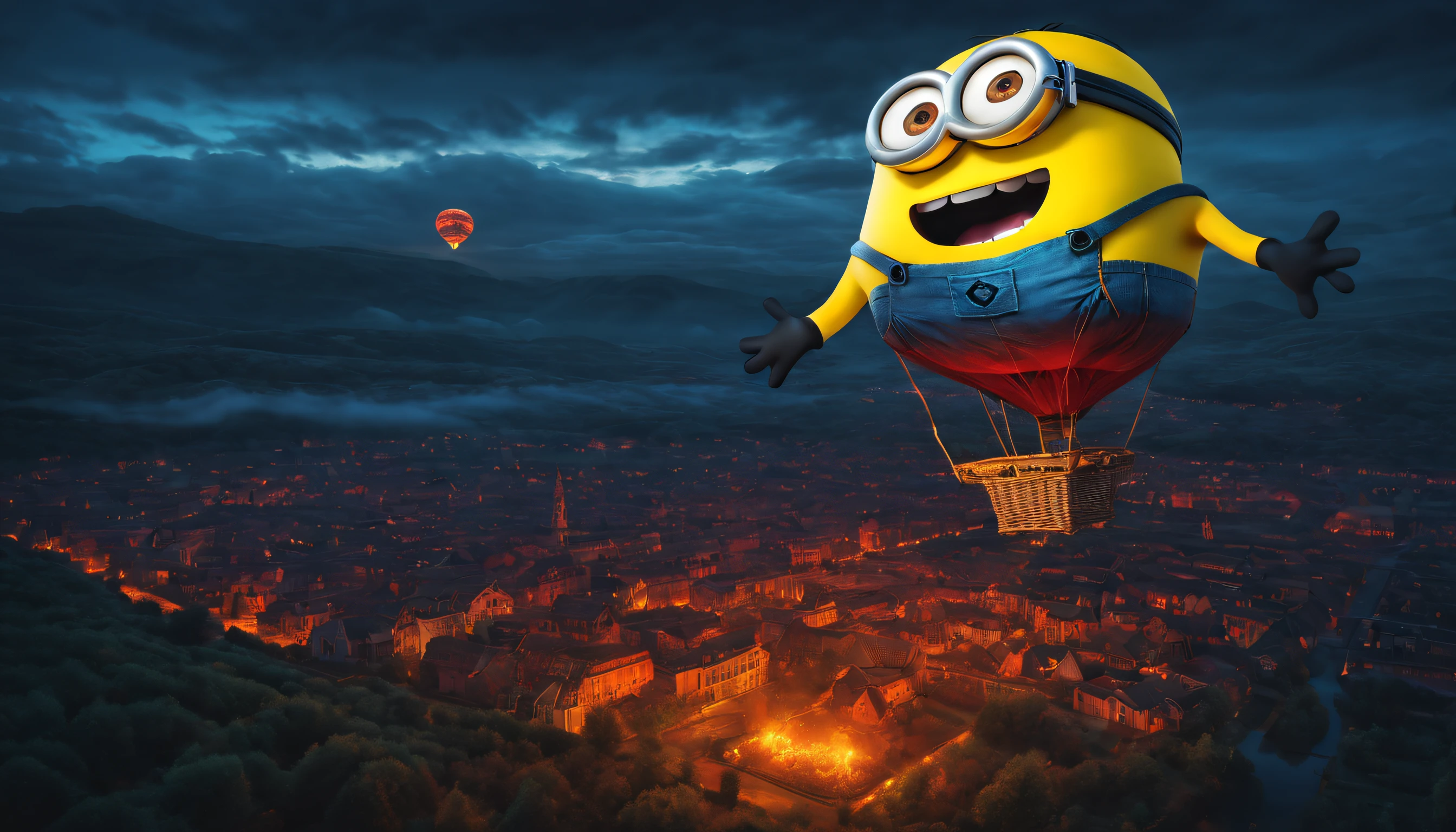 (masterpiece), best quality, create an epic artwork of bloody ghostly hot air balloon in the form of minion, colorful, volumetric lighting, dark art, highres, high details, 16k