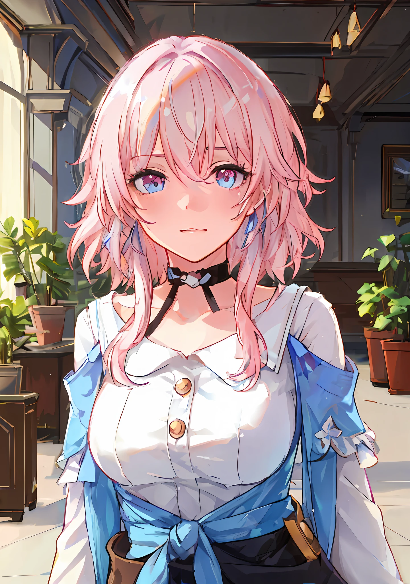 a woman with pink hair and blue eyes standing in a courtyard, anime visual of a cute girl, detailed anime character art, cushart krenz key art feminine, detailed portrait of anime girl, anime moe artstyle, detailed digital anime art, portrait knights of zodiac girl, ayaka genshin impact, cute anime waifu in a nice dress, beautiful anime portrait