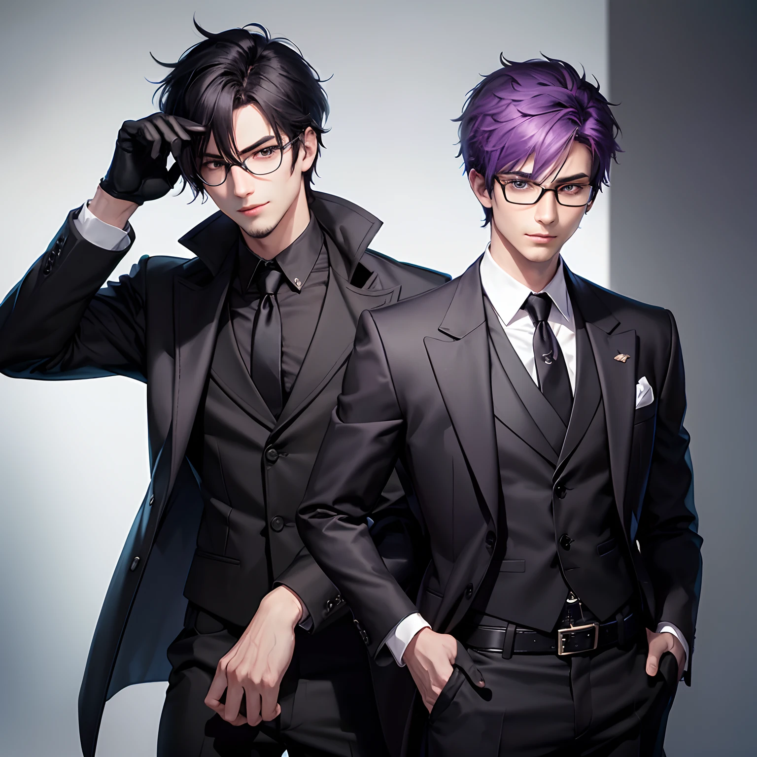 1 male,, 24 year old, masculine, Messy purple hair, Attractive, Black rectangular glasses, Black Detective Suit, Black tie, White shirt, Black belt, Black pants, long big eyes of green color,,, Smirk, Mischievous, gloves, Trending on ArtStation, 8K resolution, Highly detailed, Anatomically correct, Sharp Image, Digital Painting, Concept art, trending on pixiv, Black gun、glamor
