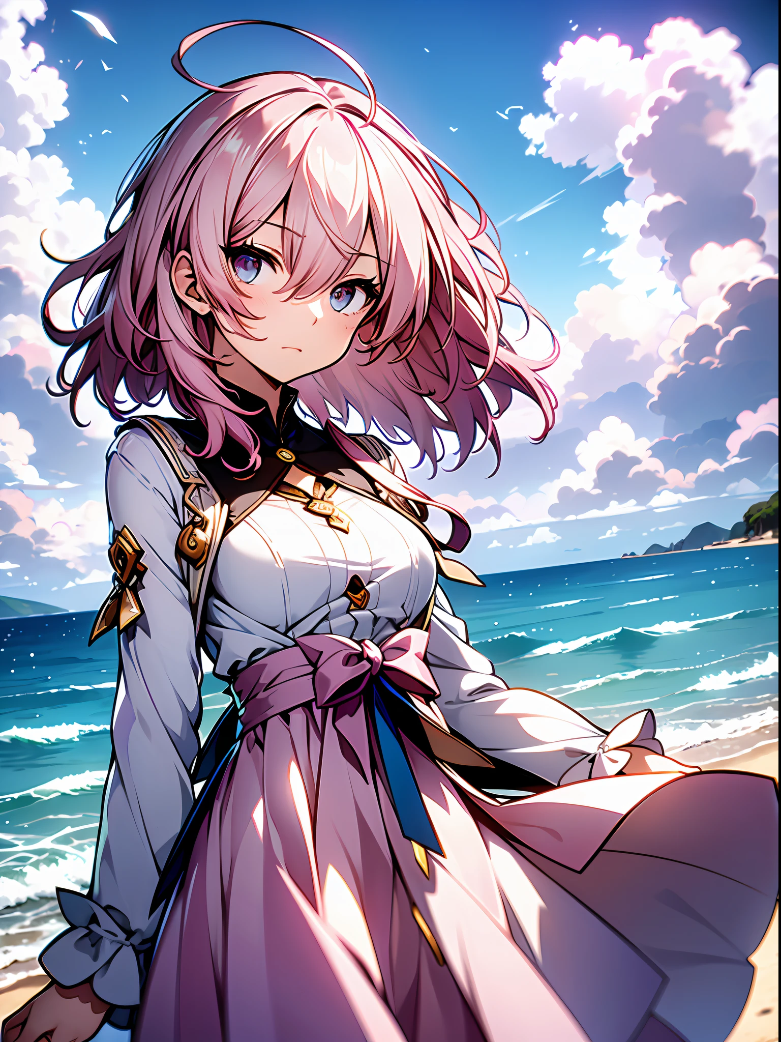 ((white robe gown)), 4 defined fingers, 1 defined thumb, looking at viewer, solo, 1 woman, 25 years old, AI generated, highest quality, masterpiece, skindentation, perfect face, 8k , cowboy shot, short hair, (pink hair1.5), bob cut, black eye, smile, thin thighs, medium breasts, perfect limbs, sexy, (visible nipples:0.7), (camel toe:0.5), pantyhose, ((own hands together)), ((bright seaside)),