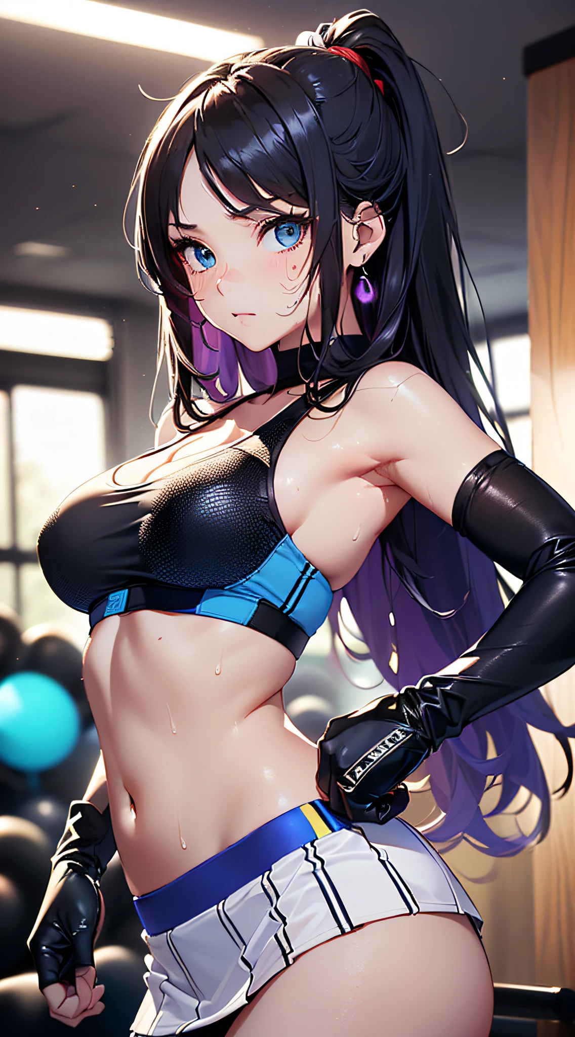 top-quality、Top image quality、masterpiece、girl with((cute little、18year old、Best Bust、Medium bust、Bust 85,Beautiful blue eyes、Breasts wide open,Long Black Hair、A slender、Middle knot、Black Sports Bra、White short skirt,Reflecting the whole body、Black perforated gloves、Spinning kick,Sweating、Straight punch,posterior view、emphasis on the buttocks))hiquality、Beautiful Art、Background with((clubhouse、Blue lighting、Purple Laser、Red laser,Yellow laser,fitness club、natta、virtual)),masutepiece、Elaborate design、visualart、depth of fields、The best lighting、highestdetailed、8k,Super delicate