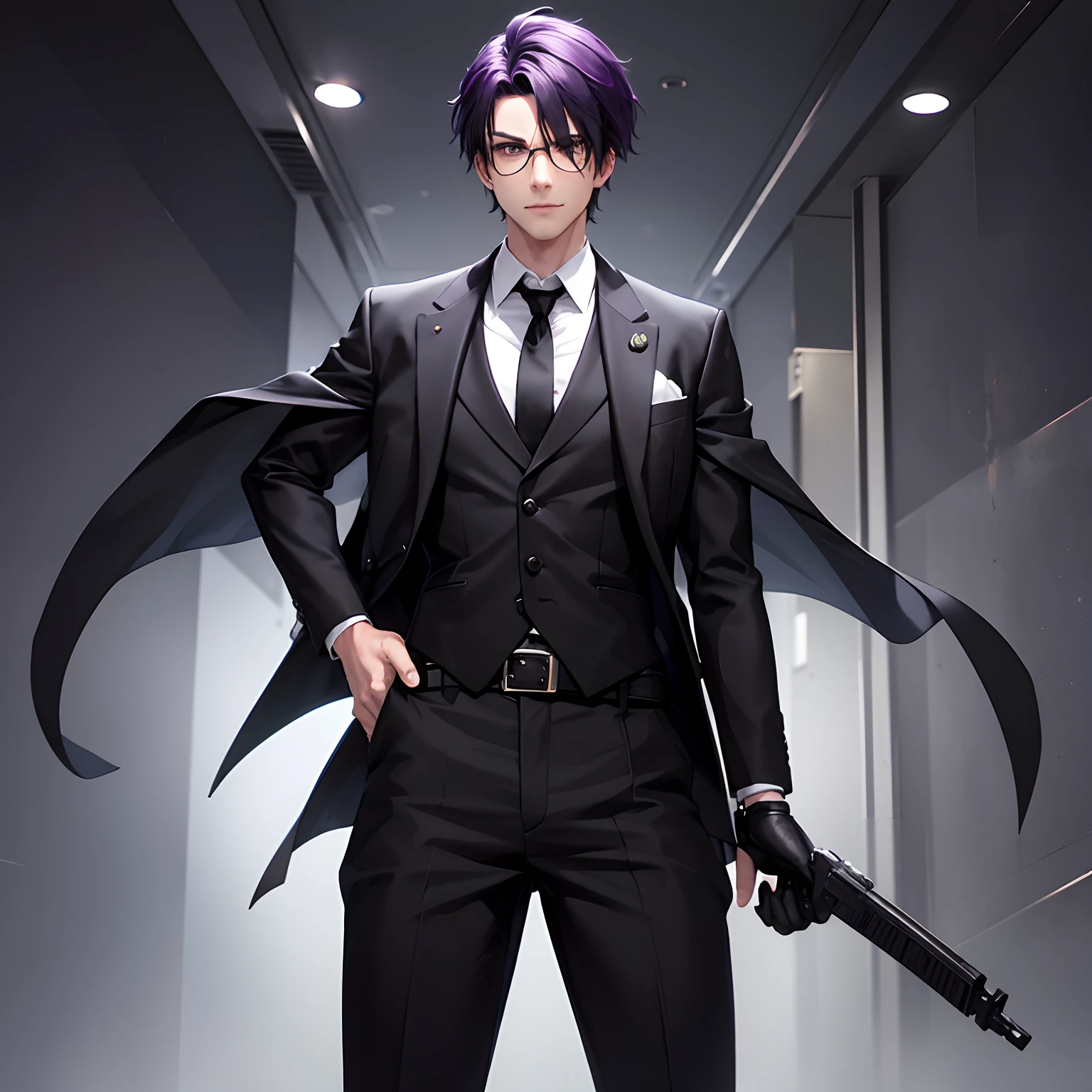 1 male,, 24 year old, masculine, Messy purple hair, Attractive, Black rectangular glasses, Black Detective Suit, Black tie, White shirt, Black belt, Black pants, long big eyes of green color,,, Smirk, Mischievous, gloves, Trending on ArtStation, 8K resolution, Highly detailed, Anatomically correct, Sharp Image, Digital Painting, Concept art, trending on pixiv, Black gun、glamor