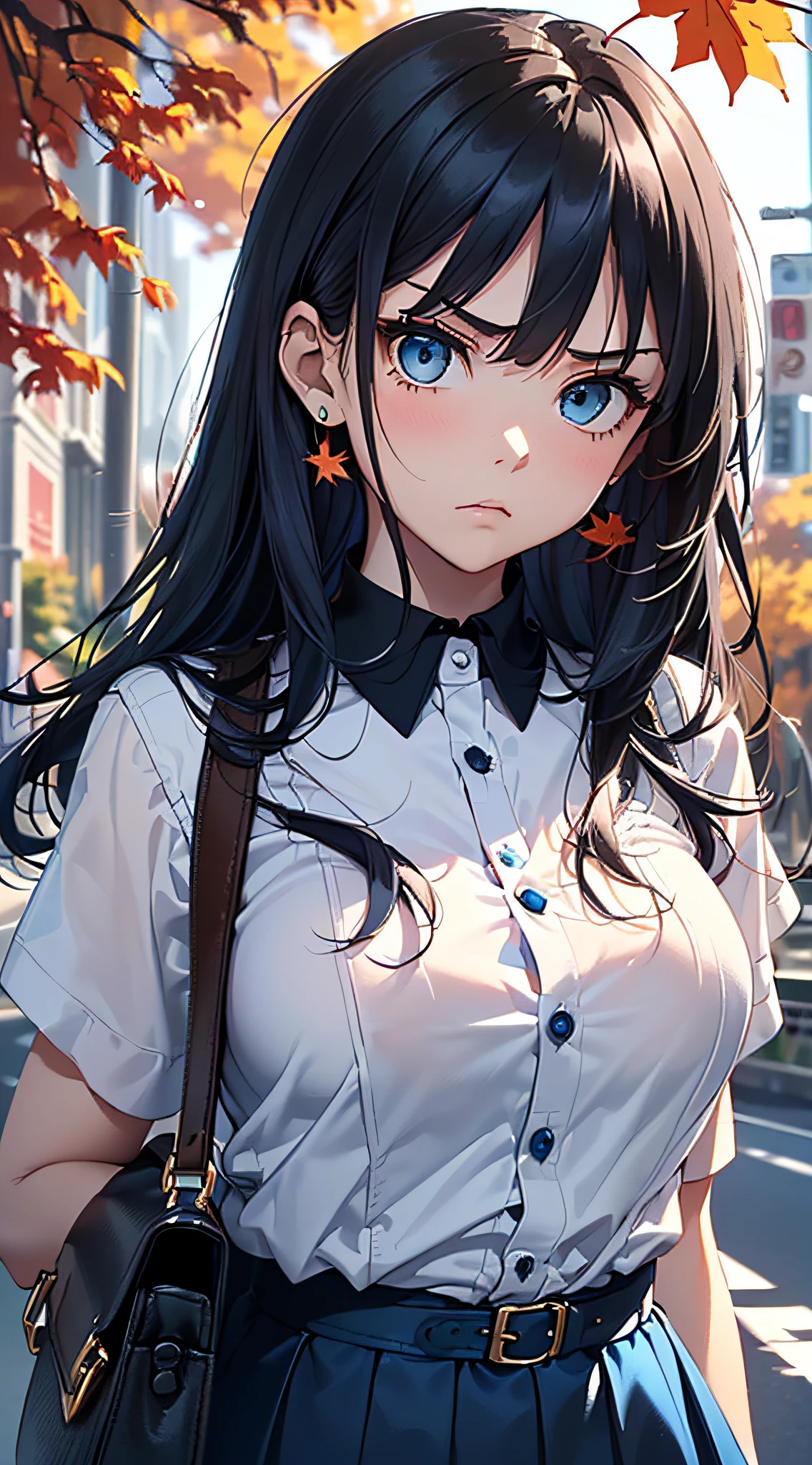 top-quality、Top image quality、​masterpiece、girl with((cute little、sixteen years old、Best Bust、Medium bust、Bust 85,Beautiful blue eyes、Breasts wide open,Long Black Hair、A slender、Blue hair mesh、Y-shirt with white collar open to second button、Blue short skirt,satchel,angry looking face、run、Reflecting the whole body、Black underwear、View your watch、Point to your watch)）hiquality、Beautiful Art、Background with((blue-sky、Road of autumn leaves)),masutepiece、Elaborate design、visualart、depth of fields、The best lighting、highestdetailed、8ｋ