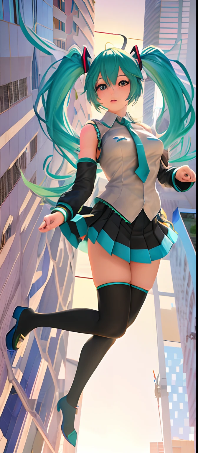 Anime girl flies over a building, anime styled 3d, 3d anime girl, render of a cute 3d anime girl, Hatsune Miku, realistic anime 3 d style, Miku, anime vtuber full body model, Smooth Anime CG Art, Mikudayo, ciber, photorealistic anime girl render, Beauty Anime