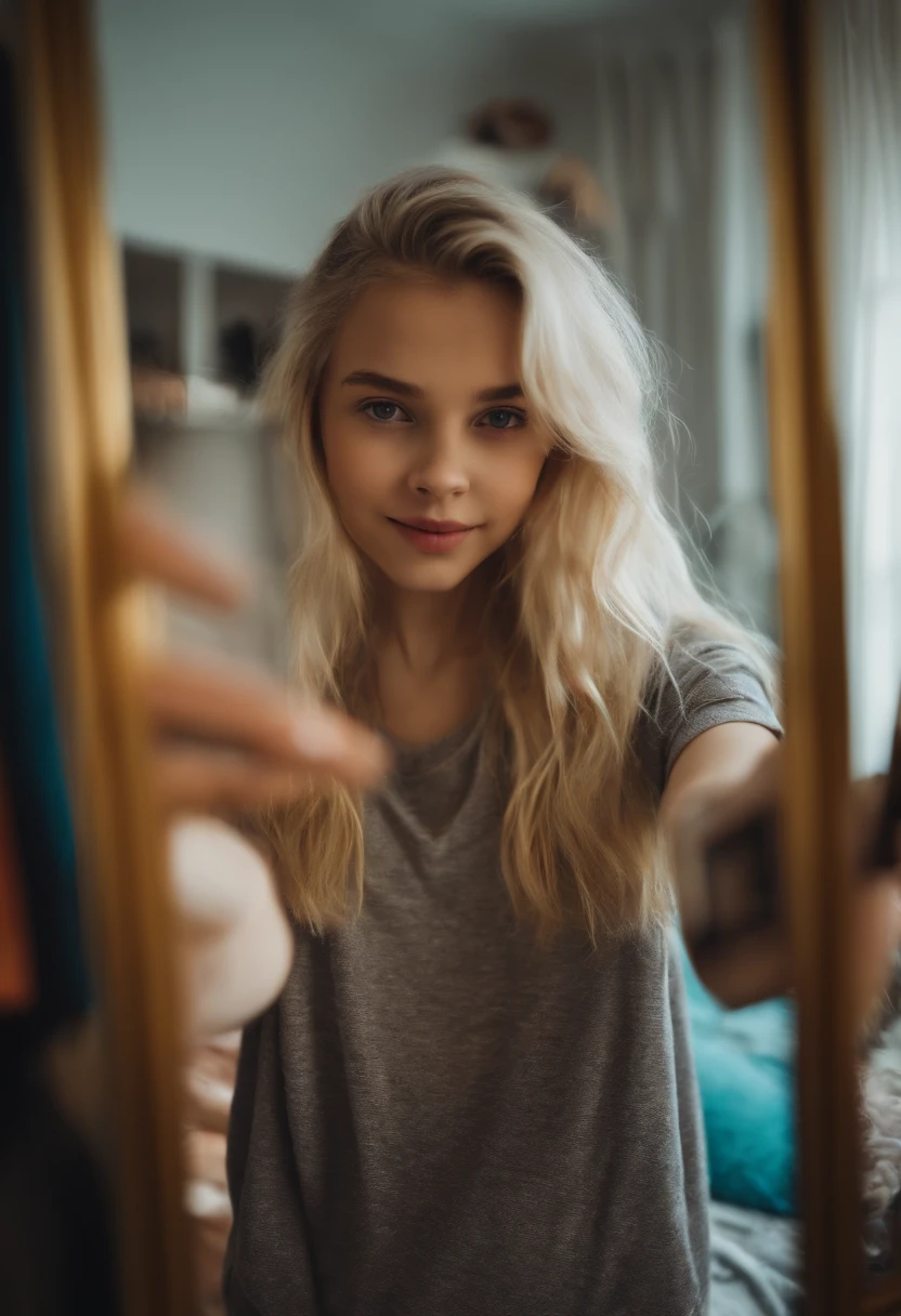 blonde girl taking selfie front of a mirror in messy room