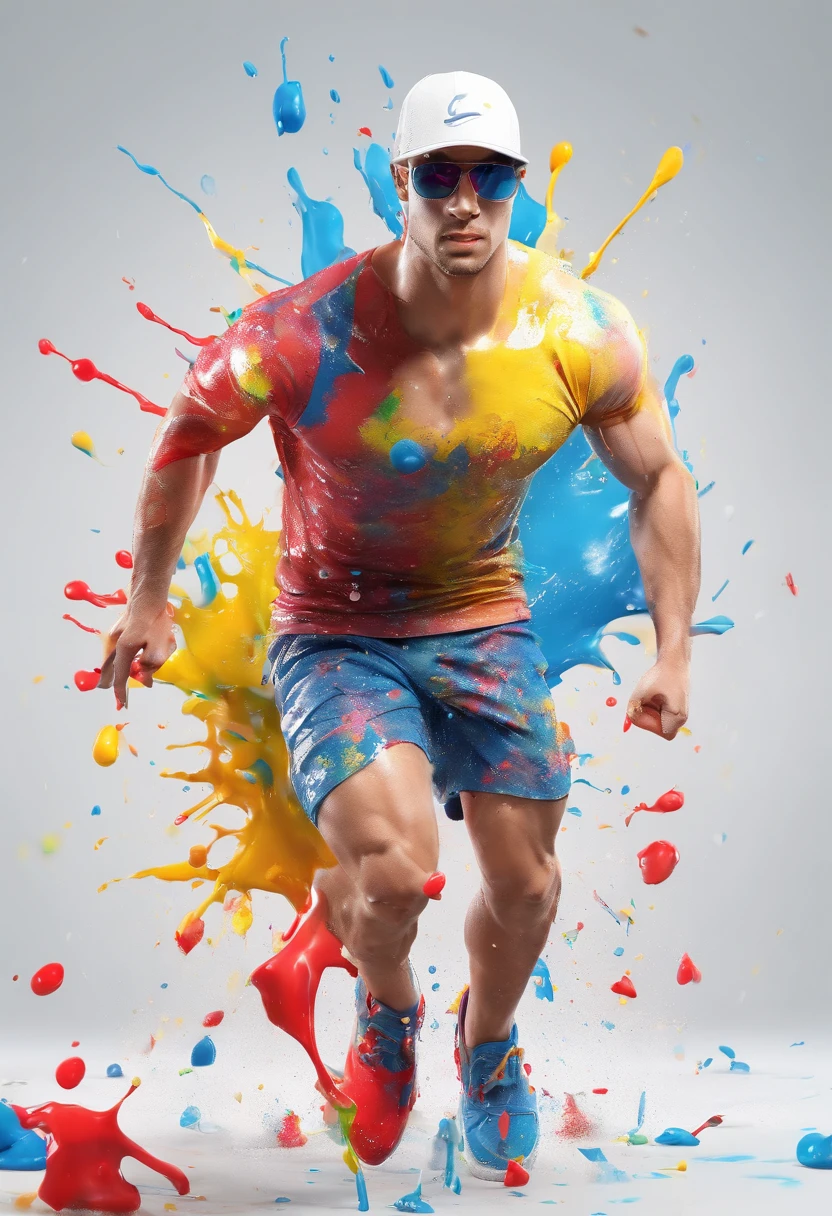 (Masterpiece, Best Quality, High Resolution), White Background, ((Paint Splash, Color Splash, Splash of Ink, Color Splash)), young man with cap,, blue, Front, Upper Body