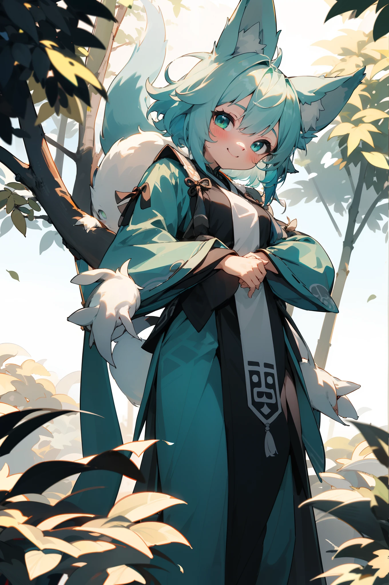depth of fields，lighting perfect，light particules，（best qualtiy），（tmasterpiece），（ultra - detailed），Sharp focus，light particules，niji，Eyes，Blushlush，The white_whair,There are blue-green ones_dotting_whair,Blue-green gradient_Eyes，Looking_at_peeping at the viewer，Smile，Solo，Furry，Animal_Ear_vellus hair，Open_clothes，Arms back，The upper part of the body，coda，Hanfu，Chinese style clothes，rays of sunshine，The tree，with her mouth open，from below，Arms back，Fox's_large tail_vellus hair，Put your hands behind your back，The tail hangs down on the ground，