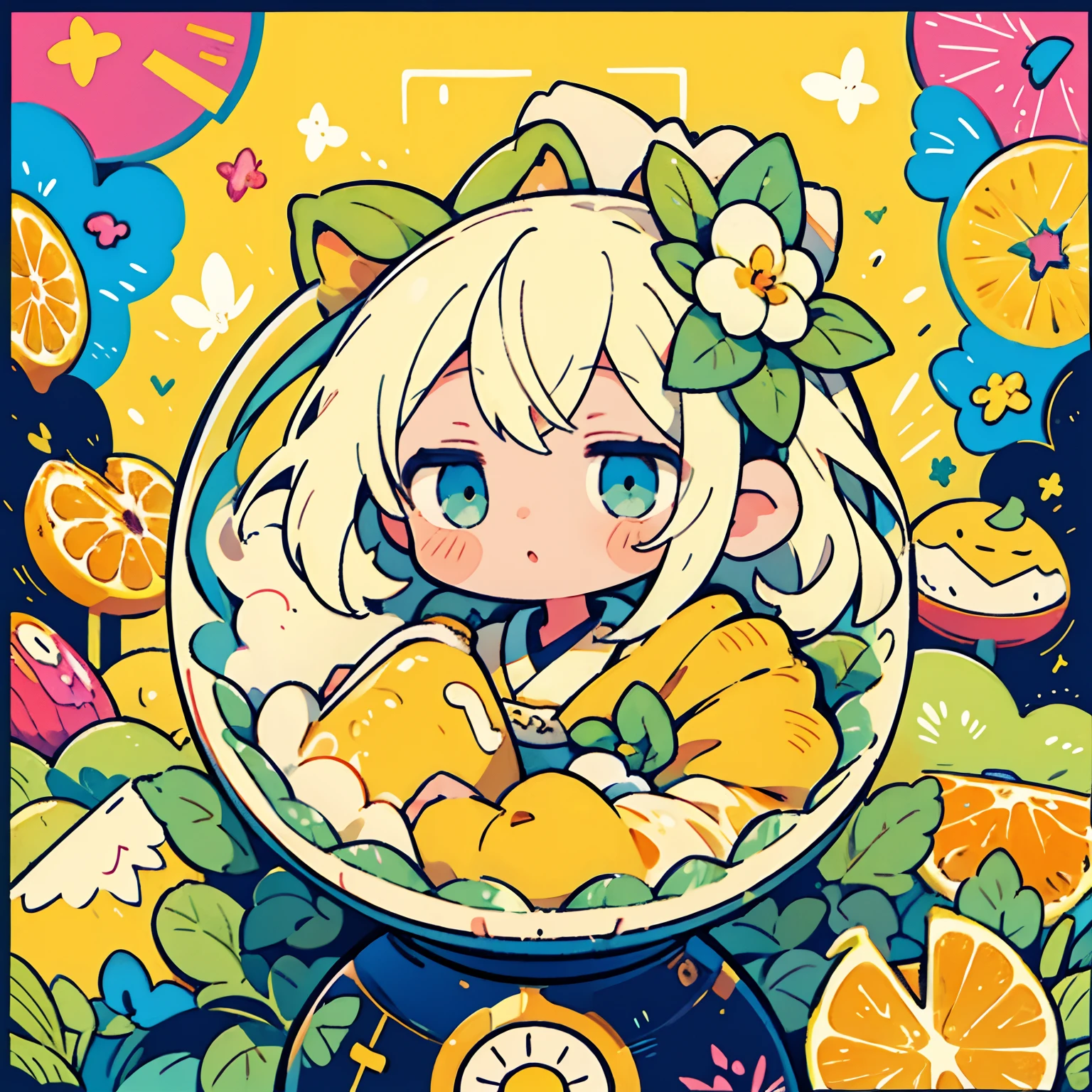 Jitome,Girl personified by nectar、Honey citrus, Cross-section of nectar、Yellow nectar、Cute、Psychedelic Girls、tmasterpiece、top-quality、Top image quality