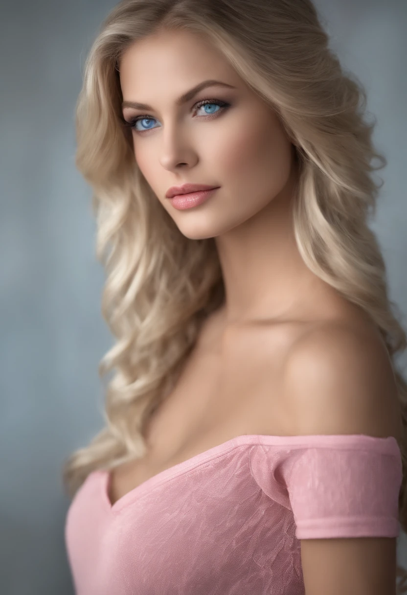 a 23-year-old women with light blond hair and blue eyes (although some see your eyes as blue, oder grau)., You're tall and skinny, but you have a beautiful figure. Her breasts are medium. Her gamers, wearing pink and black, cleavage visible, braided hairs, turning towards camera,