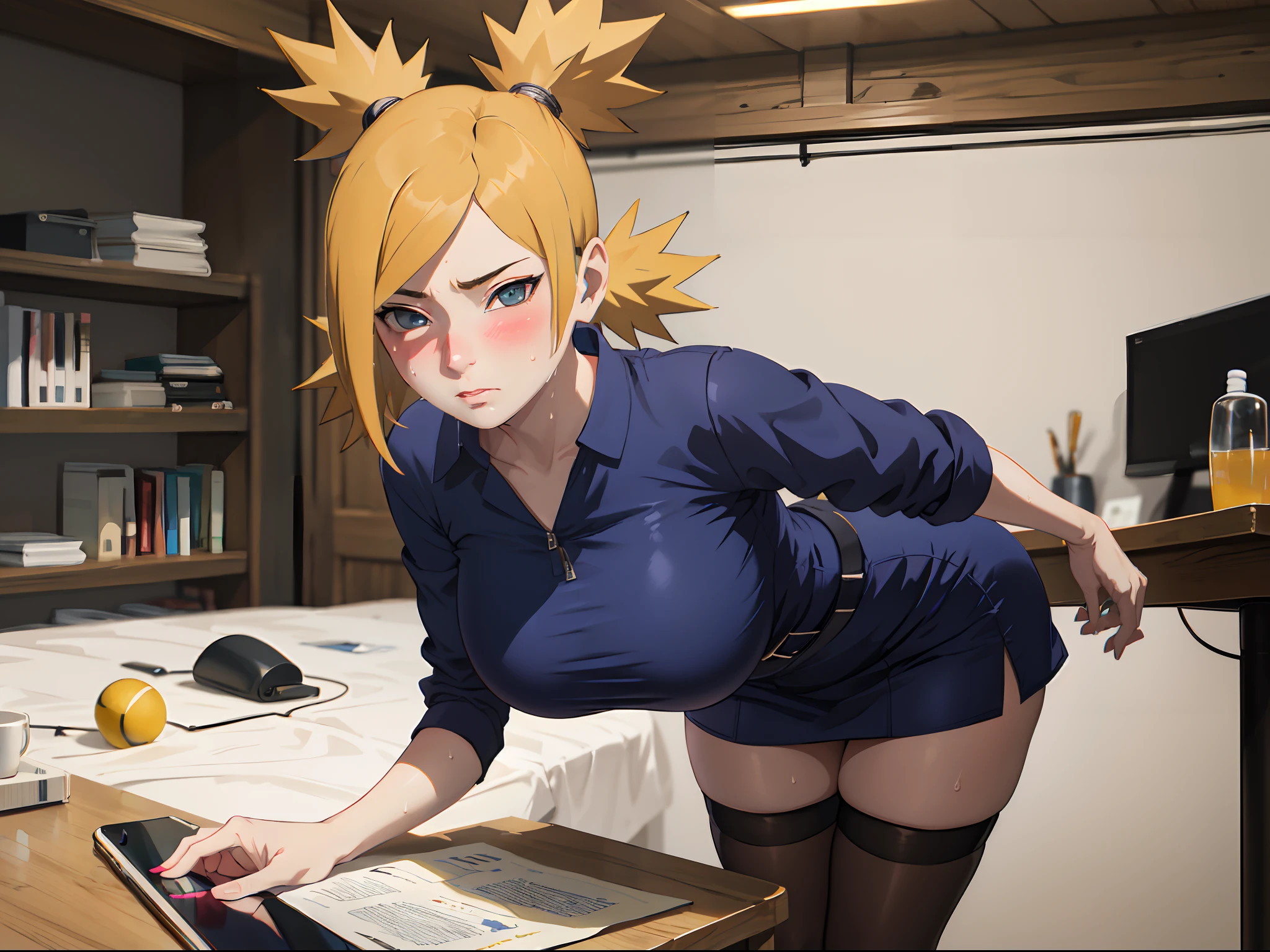 Masterpiece, absurderes , (Intricate details), (Colorful),Cinematic lighting,Bust Up Shot,Extremely detailed Cg Unity 8K wallpaper,Temari\(Boruto\), 1girll, Mature female,Wear a secretary's uniform，Black shirt uniform，Siamese black stockings，sat in an office，sitting on office chair，I'm looking at my phone，Look to the lens，thick thight, parted lip,Wind, view the viewer, Temari\(Boruto\)，（perspire，Sweat a lot，Blushlush，Be red in the face，I had a lot of sweat on my face，Blushlush），（Bigboobs，Enchanting pose，A sexy pose）