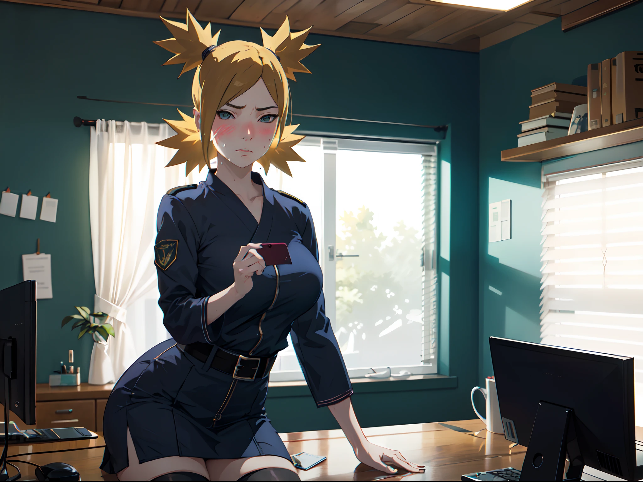 Masterpiece, absurderes , (Intricate details), (Colorful),Cinematic lighting,Bust Up Shot,Extremely detailed Cg Unity 8K wallpaper,Temari\(Boruto\), 1girll, Mature female,Wear a secretary's uniform，Black shirt uniform，Siamese black stockings，sat in an office，sitting on office chair，I'm looking at my phone，Look to the lens，thick thight, parted lip,Wind, view the viewer, Temari\(Boruto\)，（perspire，Sweat a lot，Blushlush，Be red in the face，I had a lot of sweat on my face，Blushlush），（Bigboobs，Enchanting pose，A sexy pose）