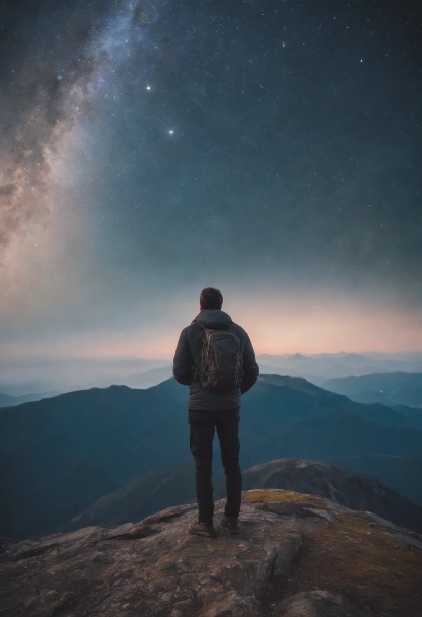 An image of a person standing on a mountain peak, gazing at the cosmos, with a sense of wonder and clarity.
