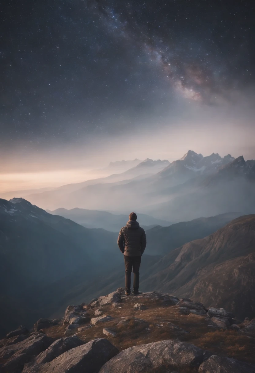 An image of a person standing on a mountain peak, gazing at the cosmos, with a sense of wonder and clarity.