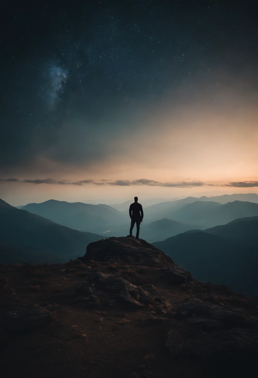 An image of a person standing on a mountain peak, gazing at the cosmos, with a sense of wonder and clarity.