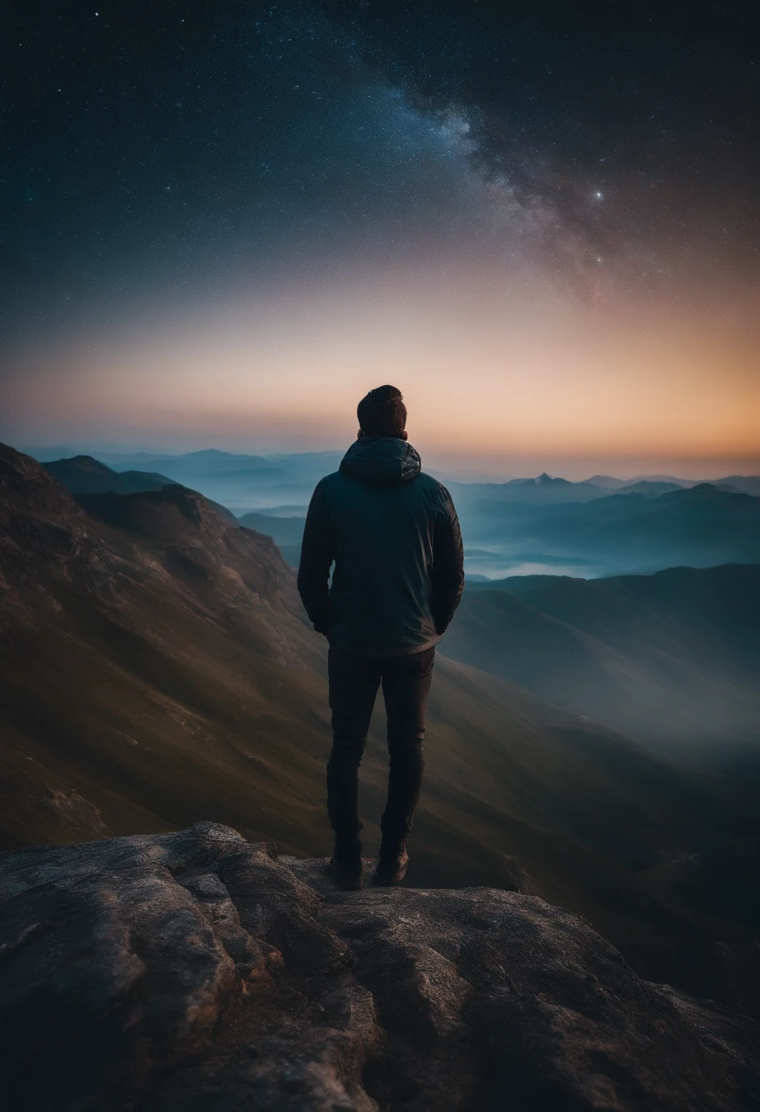 An image of a person standing on a mountain peak, gazing at the cosmos, with a sense of wonder and clarity.